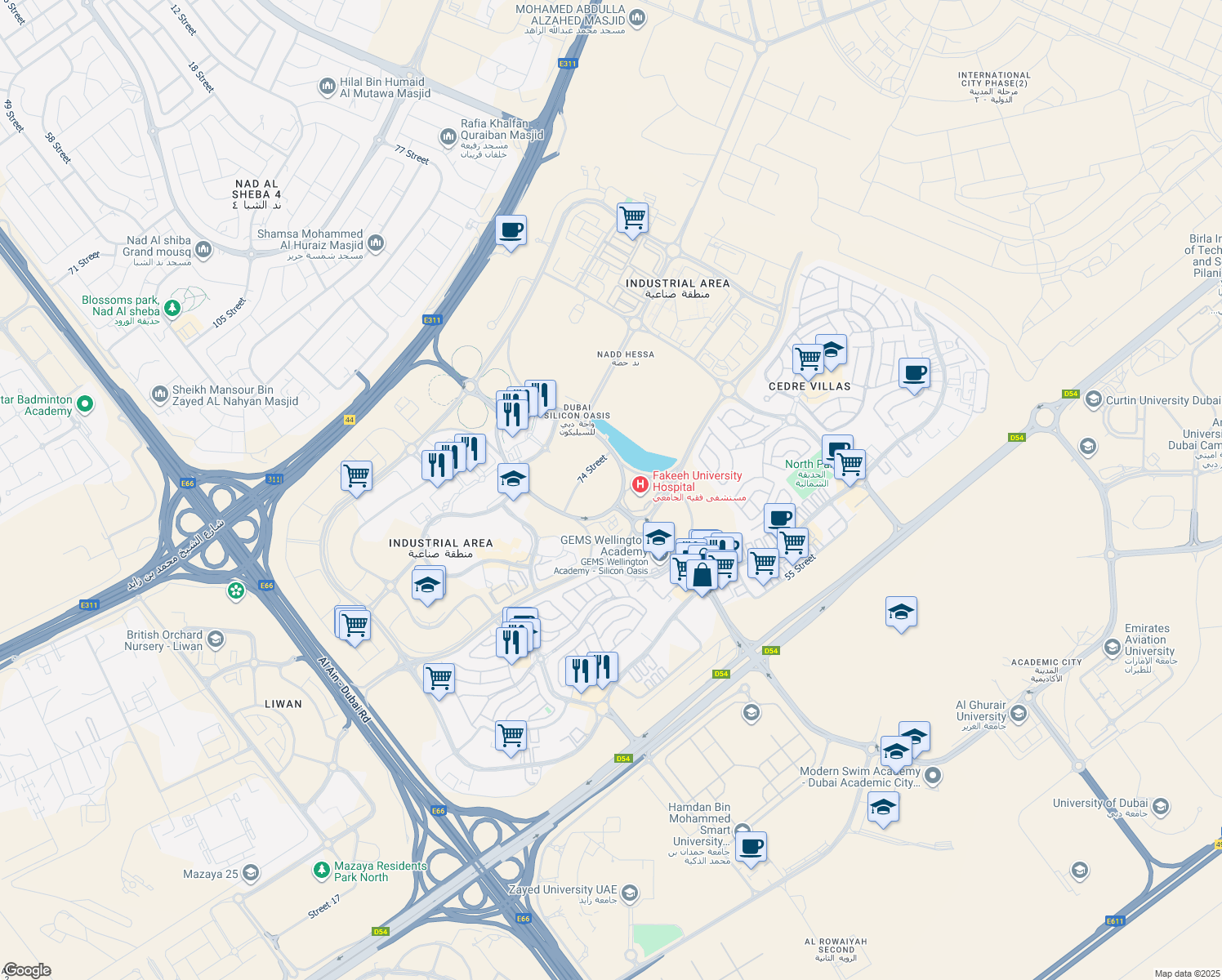 map of restaurants, bars, coffee shops, grocery stores, and more near Unnamed Road in Dubai