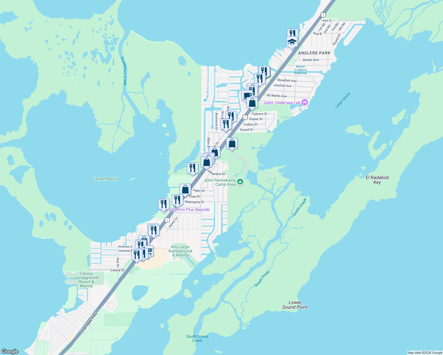 map of restaurants, bars, coffee shops, grocery stores, and more near 1013 Gibraltar Road in Key Largo