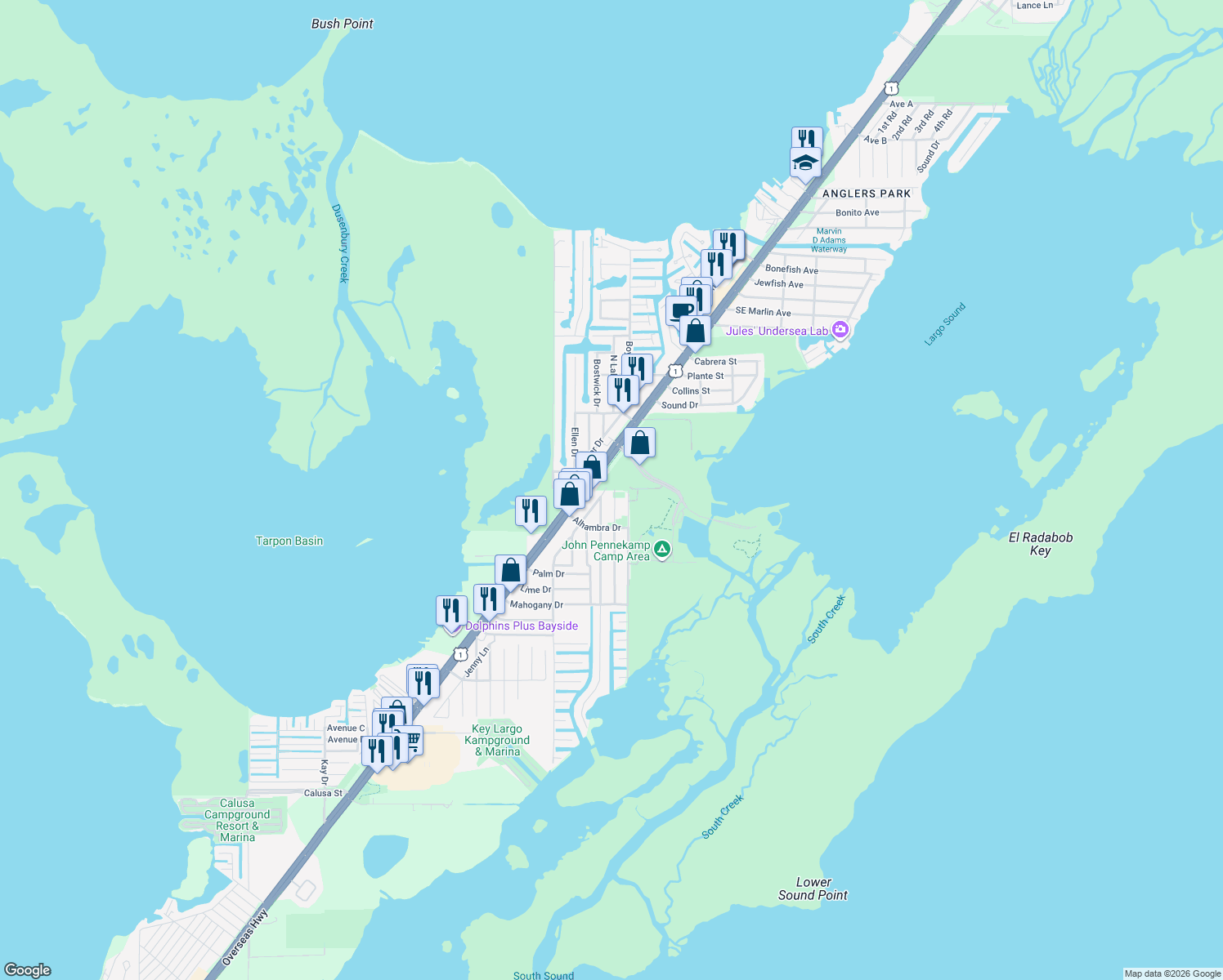 map of restaurants, bars, coffee shops, grocery stores, and more near 102533 Overseas Highway in Key Largo