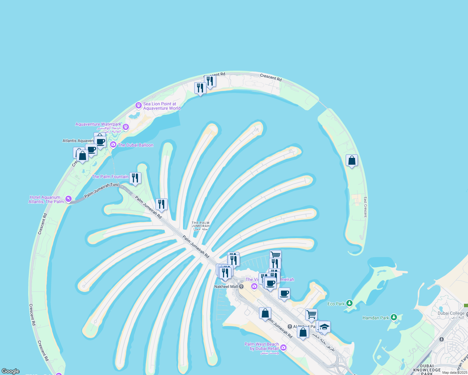 map of restaurants, bars, coffee shops, grocery stores, and more near Frond D in Dubai