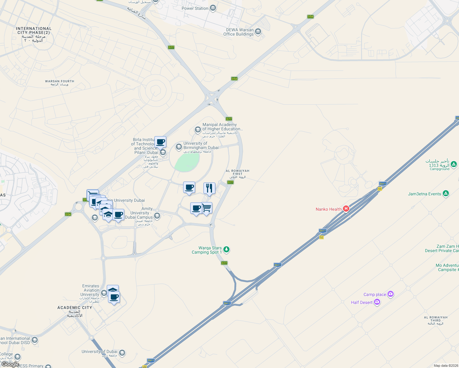 map of restaurants, bars, coffee shops, grocery stores, and more near Al Manama Street in Dubai