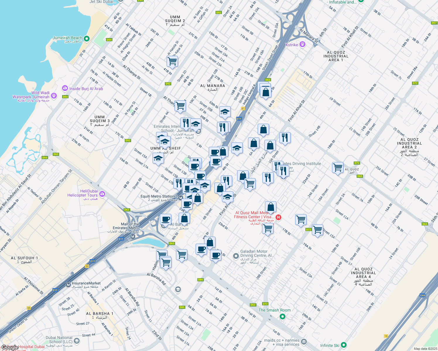 map of restaurants, bars, coffee shops, grocery stores, and more near 4th Street in Dubai