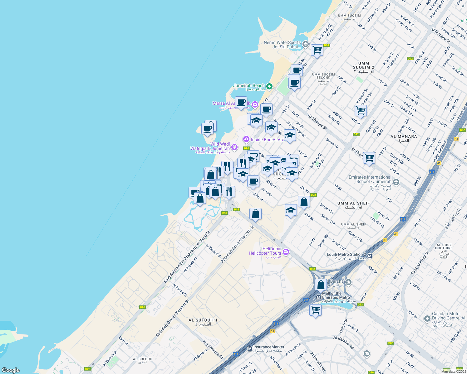map of restaurants, bars, coffee shops, grocery stores, and more near Umm Suqeim Street in Dubai