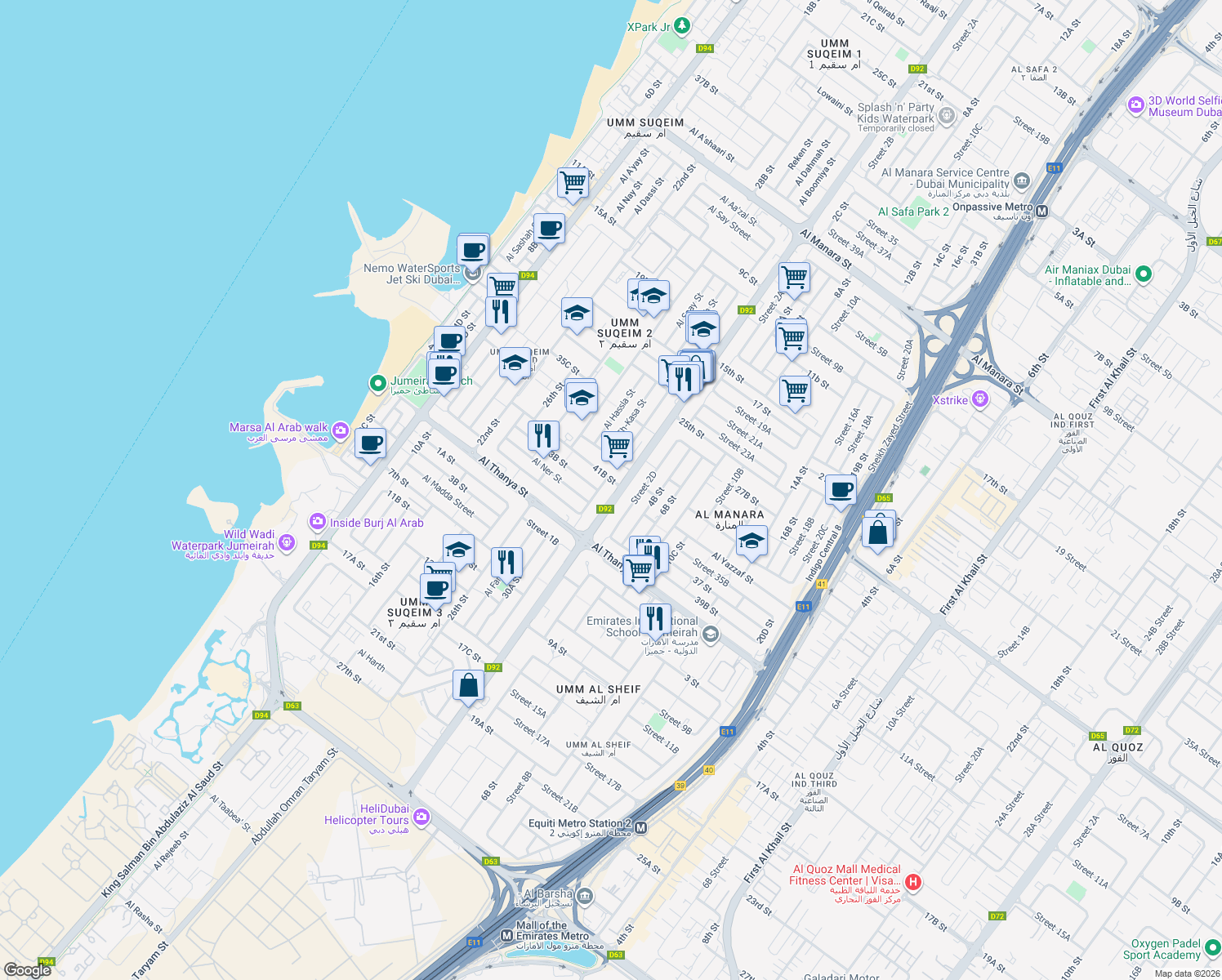 map of restaurants, bars, coffee shops, grocery stores, and more near 2 Al Wasl Road in Dubai