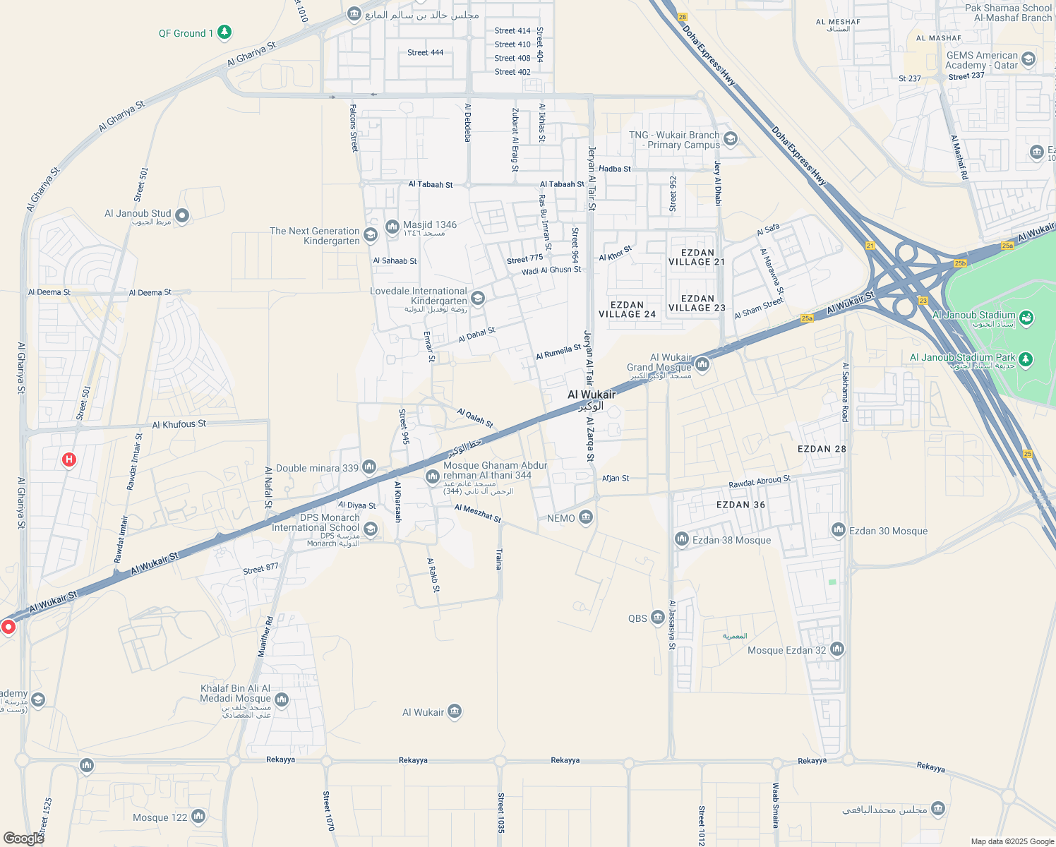map of restaurants, bars, coffee shops, grocery stores, and more near Al Wukair Street in Al Wukair