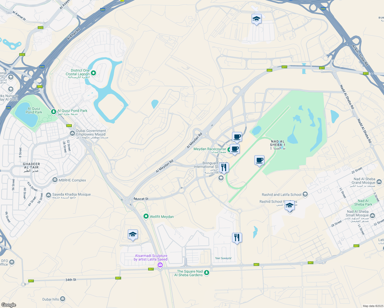 map of restaurants, bars, coffee shops, grocery stores, and more near Al Meydan Road in Dubai