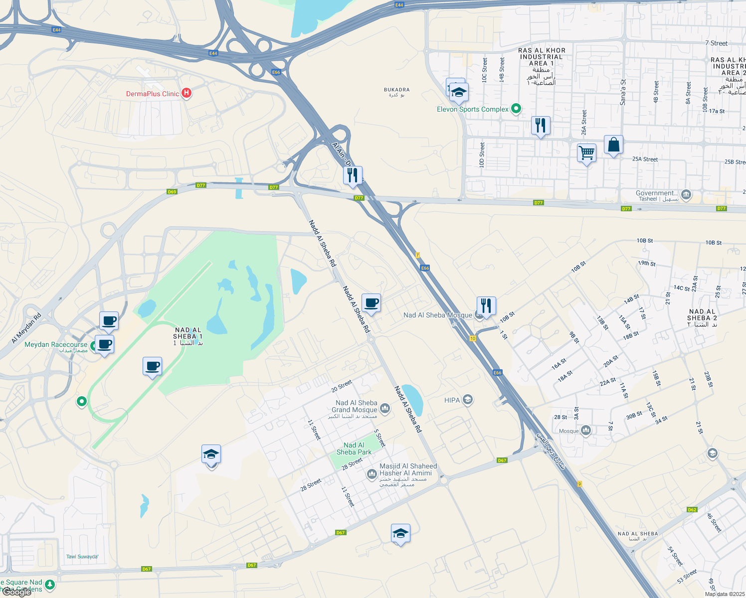map of restaurants, bars, coffee shops, grocery stores, and more near in Dubai