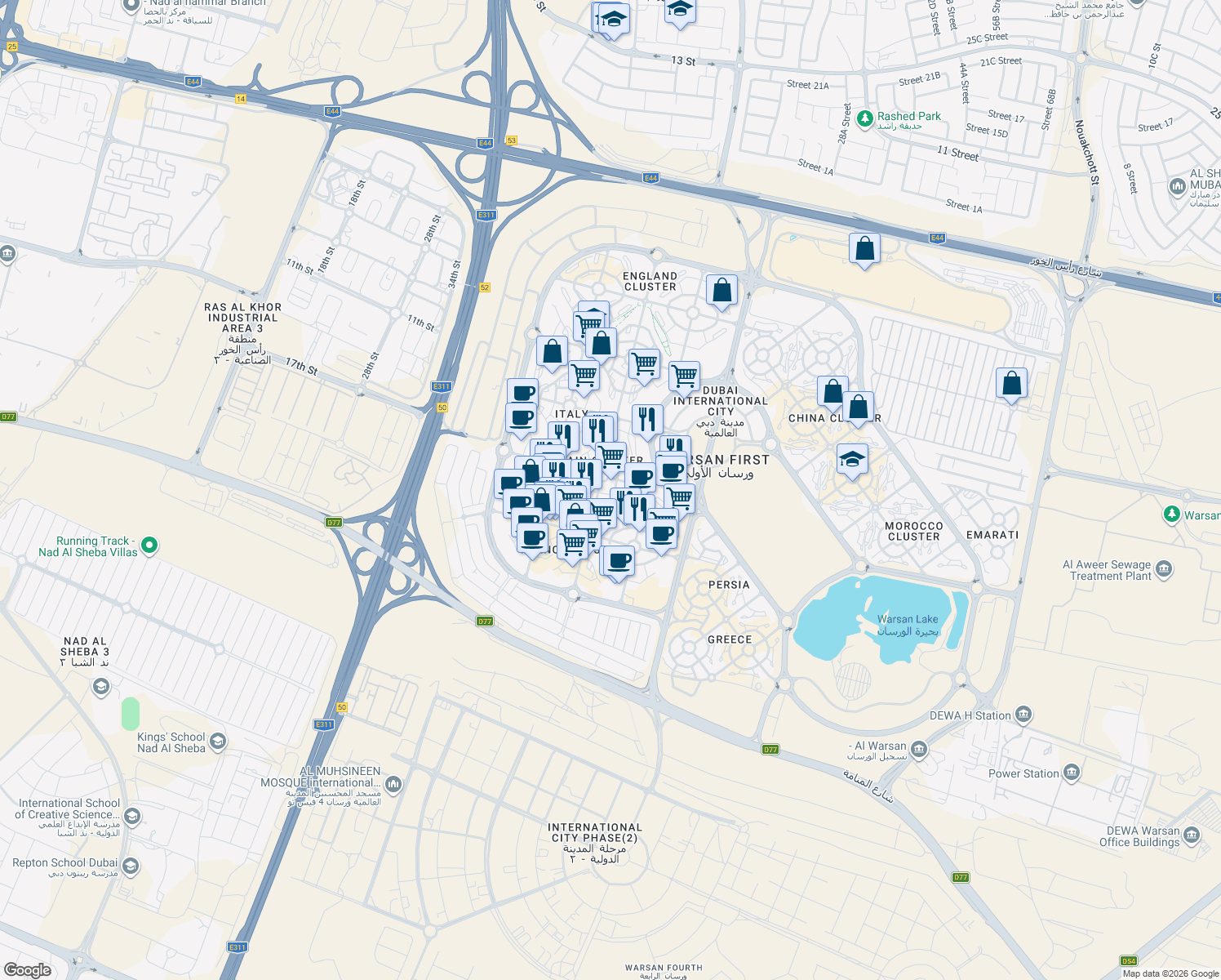 map of restaurants, bars, coffee shops, grocery stores, and more near in Dubai