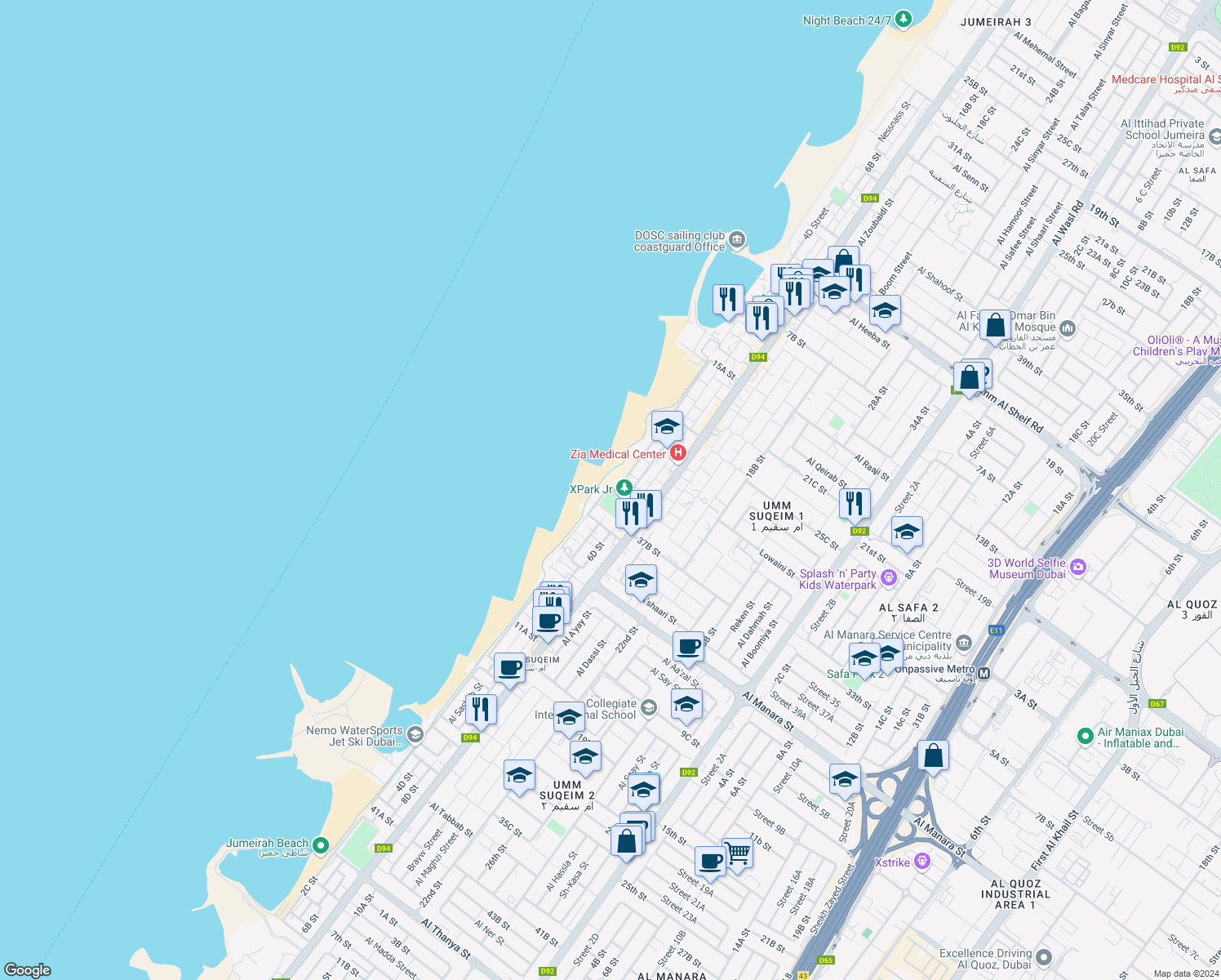 map of restaurants, bars, coffee shops, grocery stores, and more near 2nd Street in Dubai