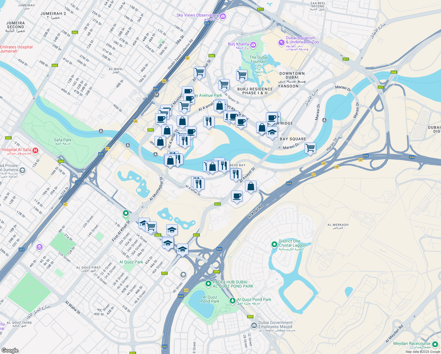 map of restaurants, bars, coffee shops, grocery stores, and more near Marasi Drive in Dubai