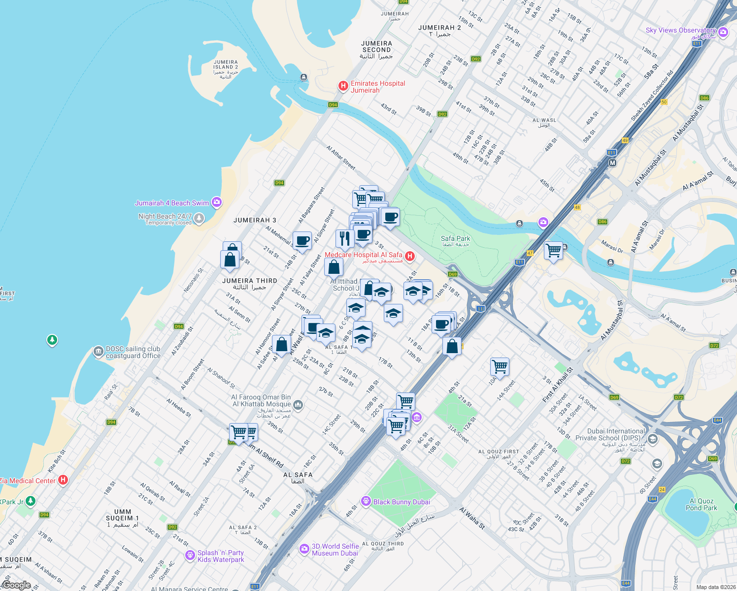 map of restaurants, bars, coffee shops, grocery stores, and more near 28 8 B Street in Dubai