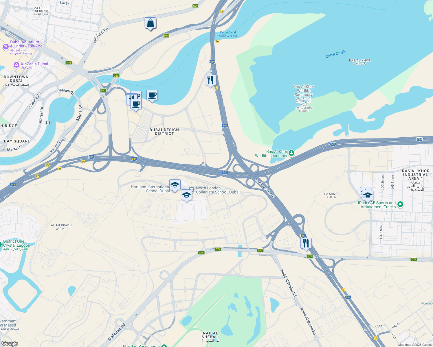 map of restaurants, bars, coffee shops, grocery stores, and more near Ras Al Khor Road in Dubai