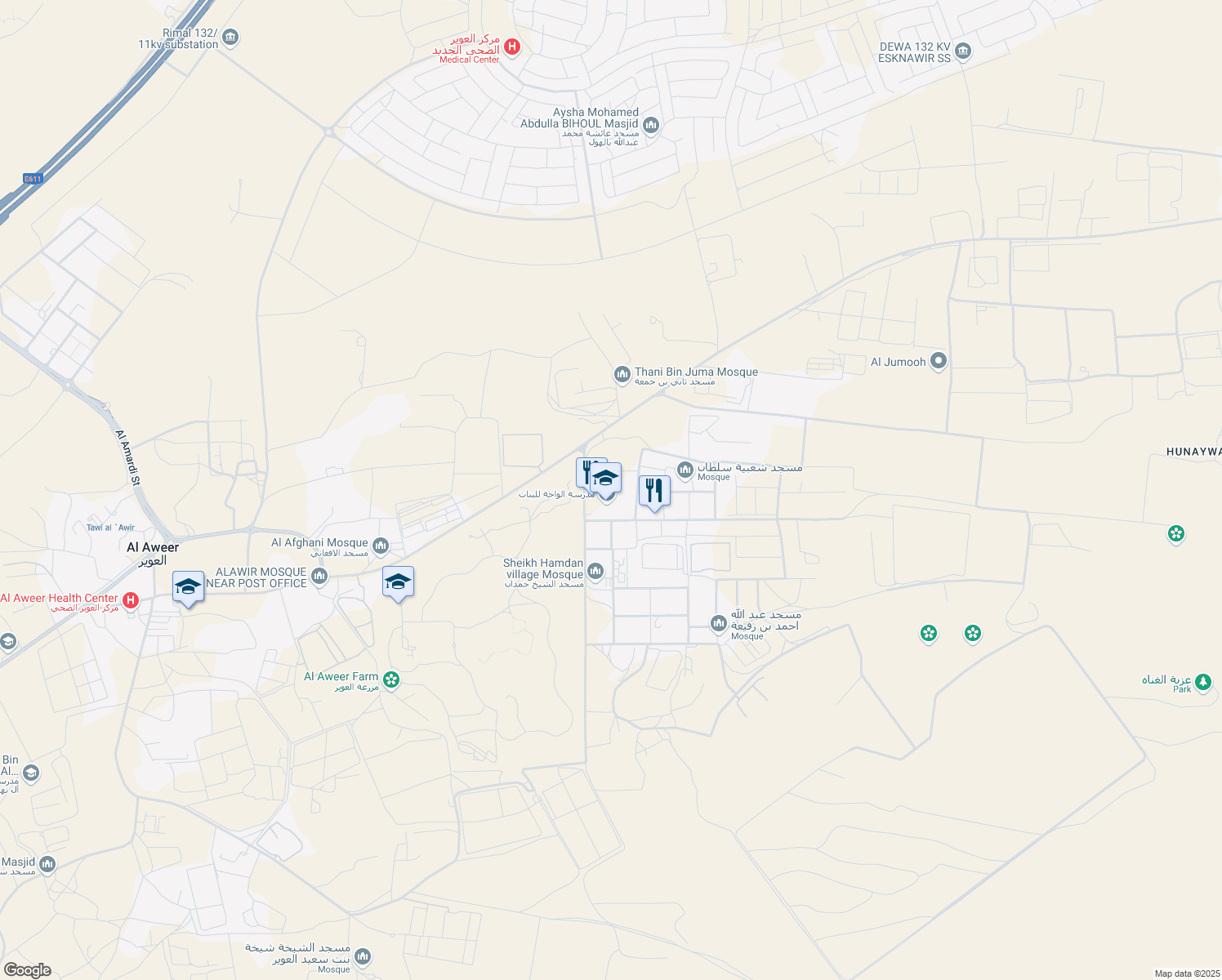 map of restaurants, bars, coffee shops, grocery stores, and more near in Al Awir