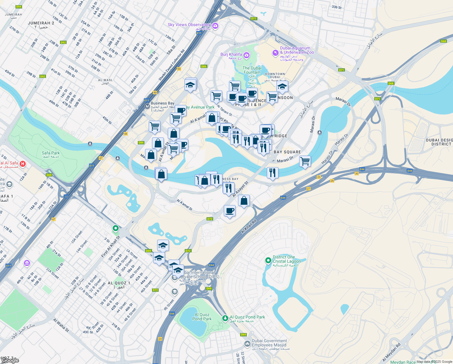 map of restaurants, bars, coffee shops, grocery stores, and more near in دبي