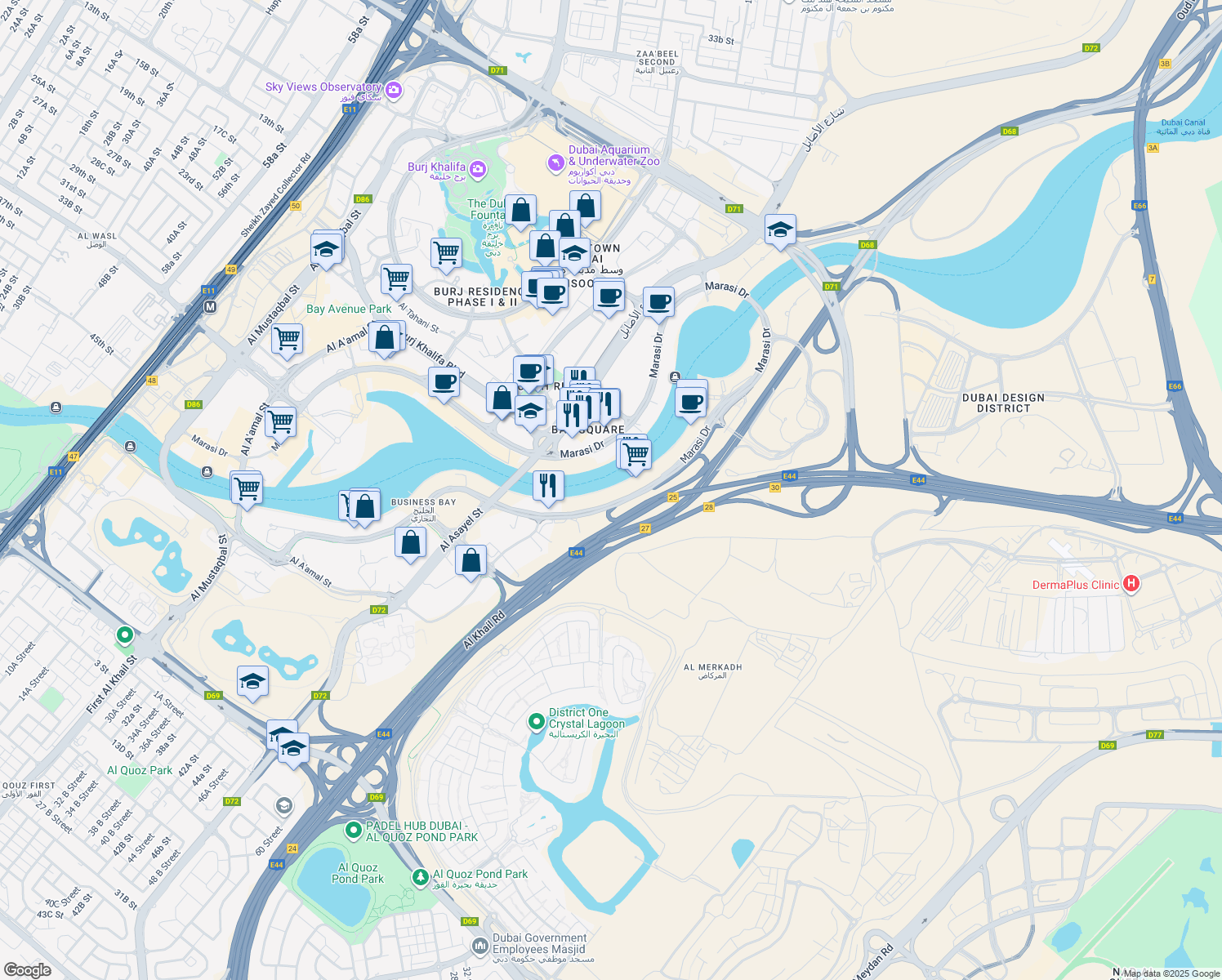 map of restaurants, bars, coffee shops, grocery stores, and more near in Dubai