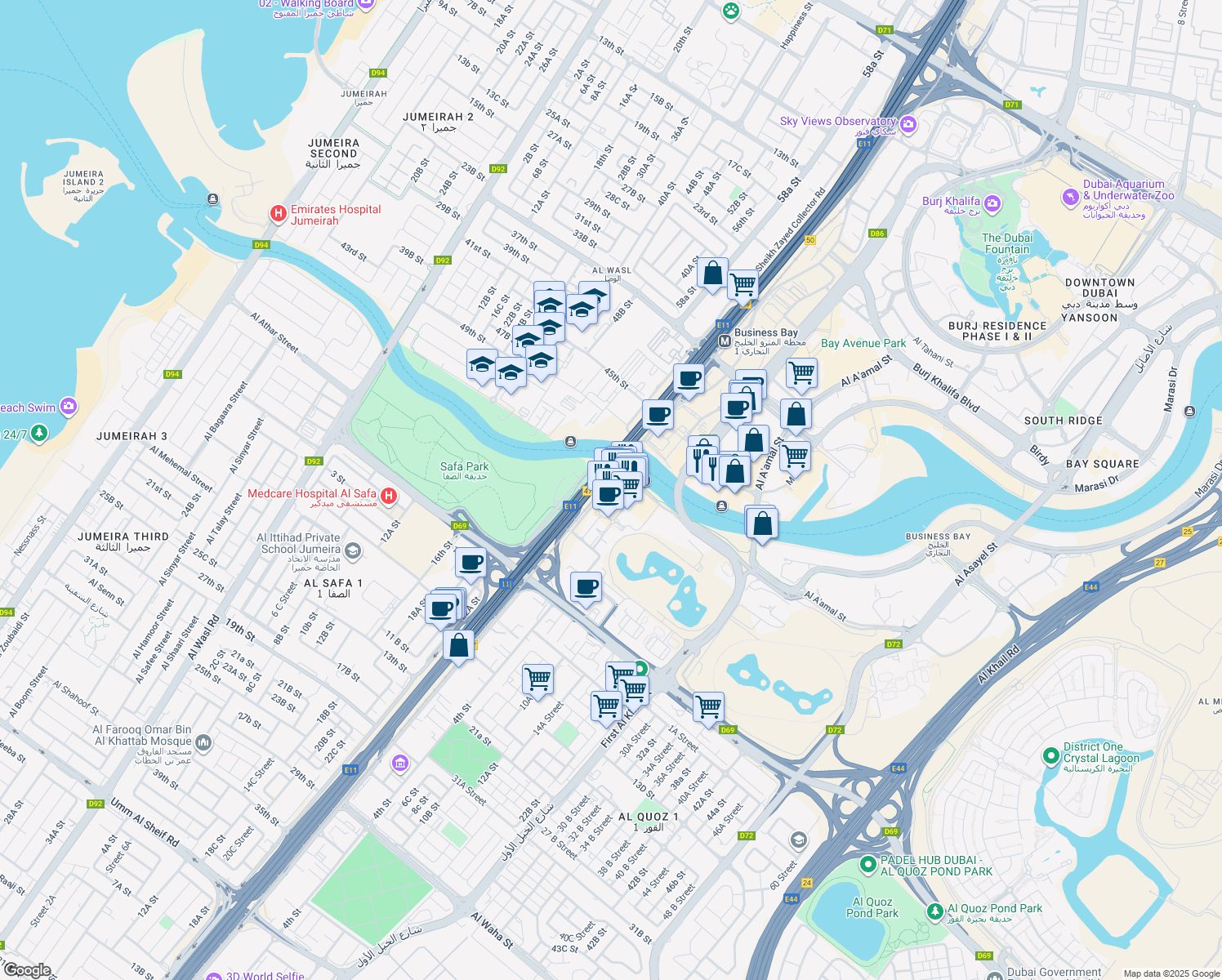 map of restaurants, bars, coffee shops, grocery stores, and more near شارع الشيخ زايد in دبي