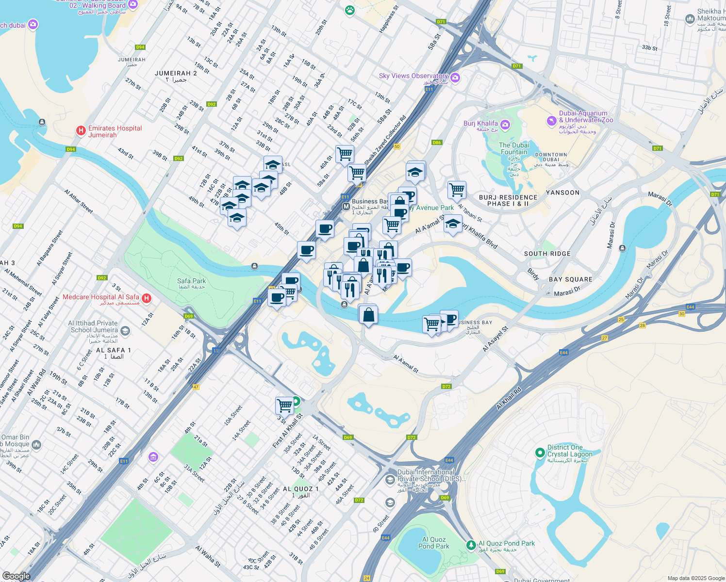 map of restaurants, bars, coffee shops, grocery stores, and more near Marasi Drive in Dubai