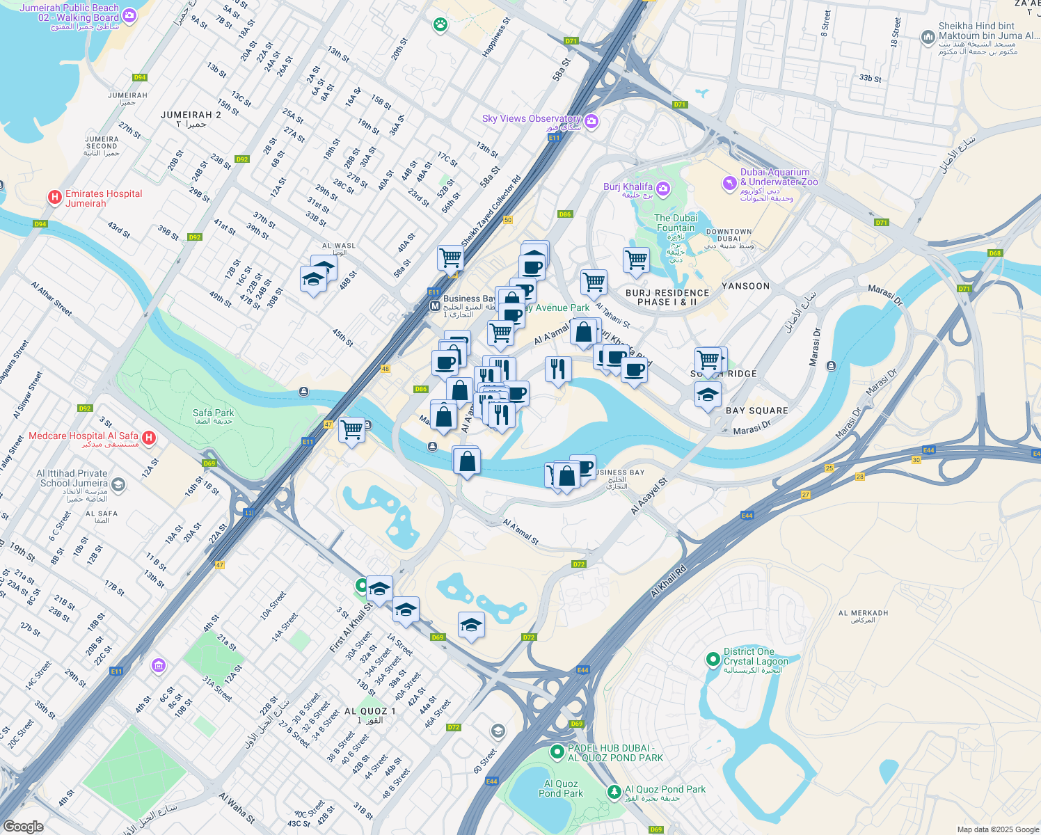 map of restaurants, bars, coffee shops, grocery stores, and more near in Dubai