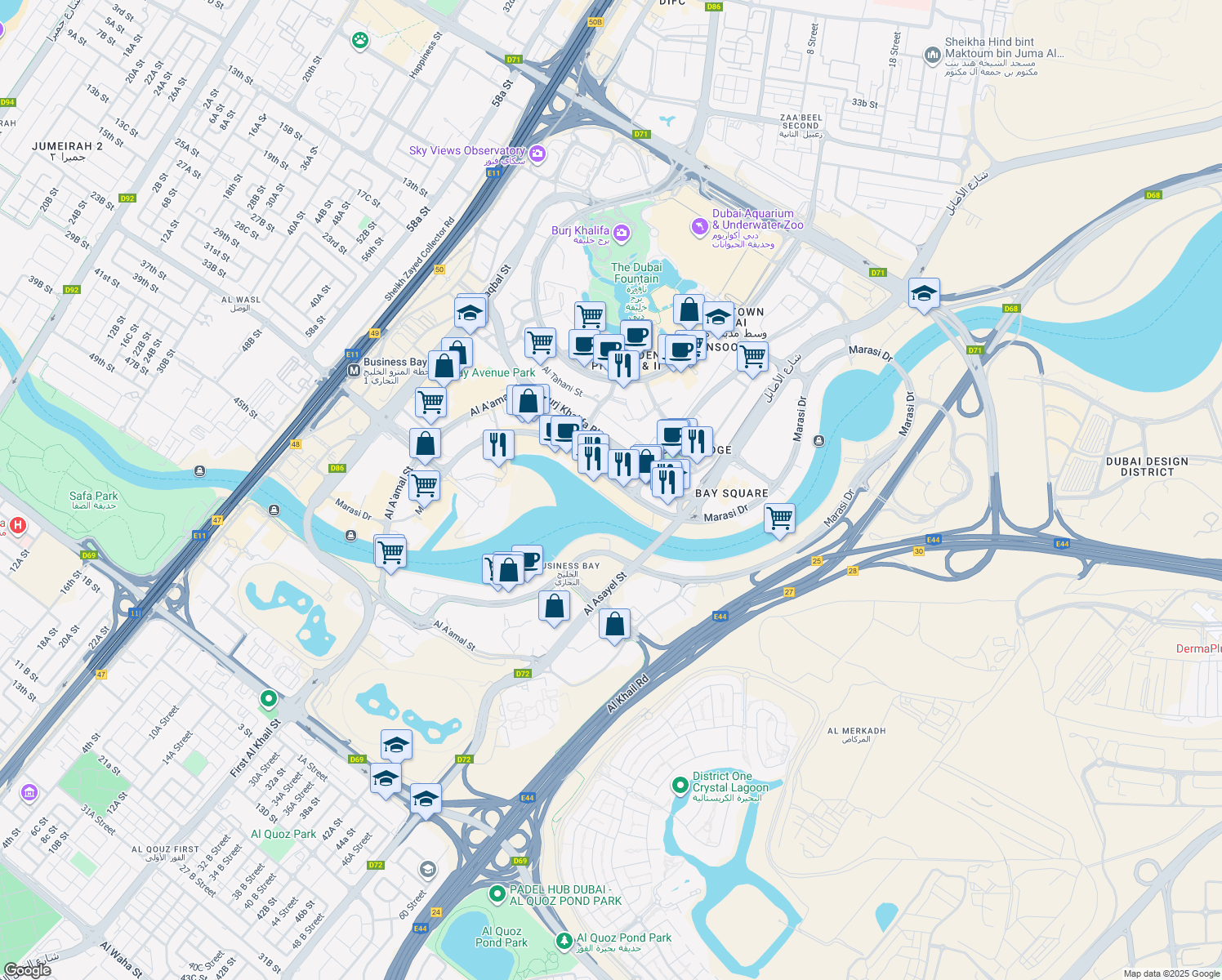 map of restaurants, bars, coffee shops, grocery stores, and more near in Dubai