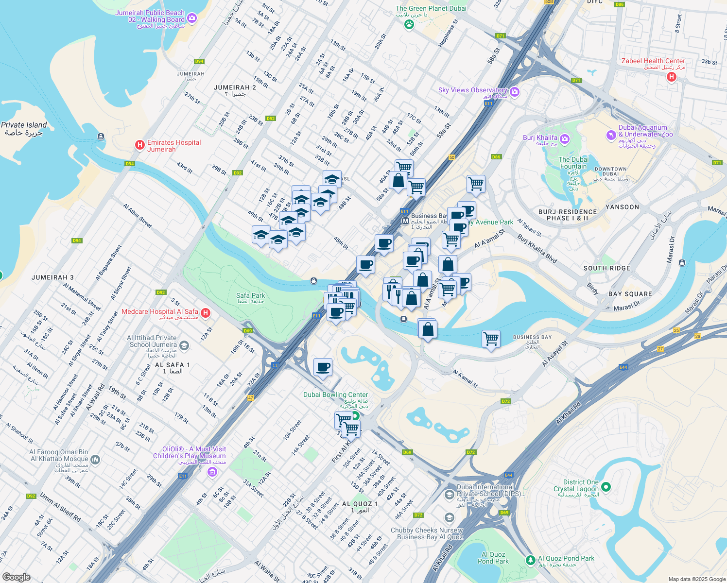 map of restaurants, bars, coffee shops, grocery stores, and more near in Dubai