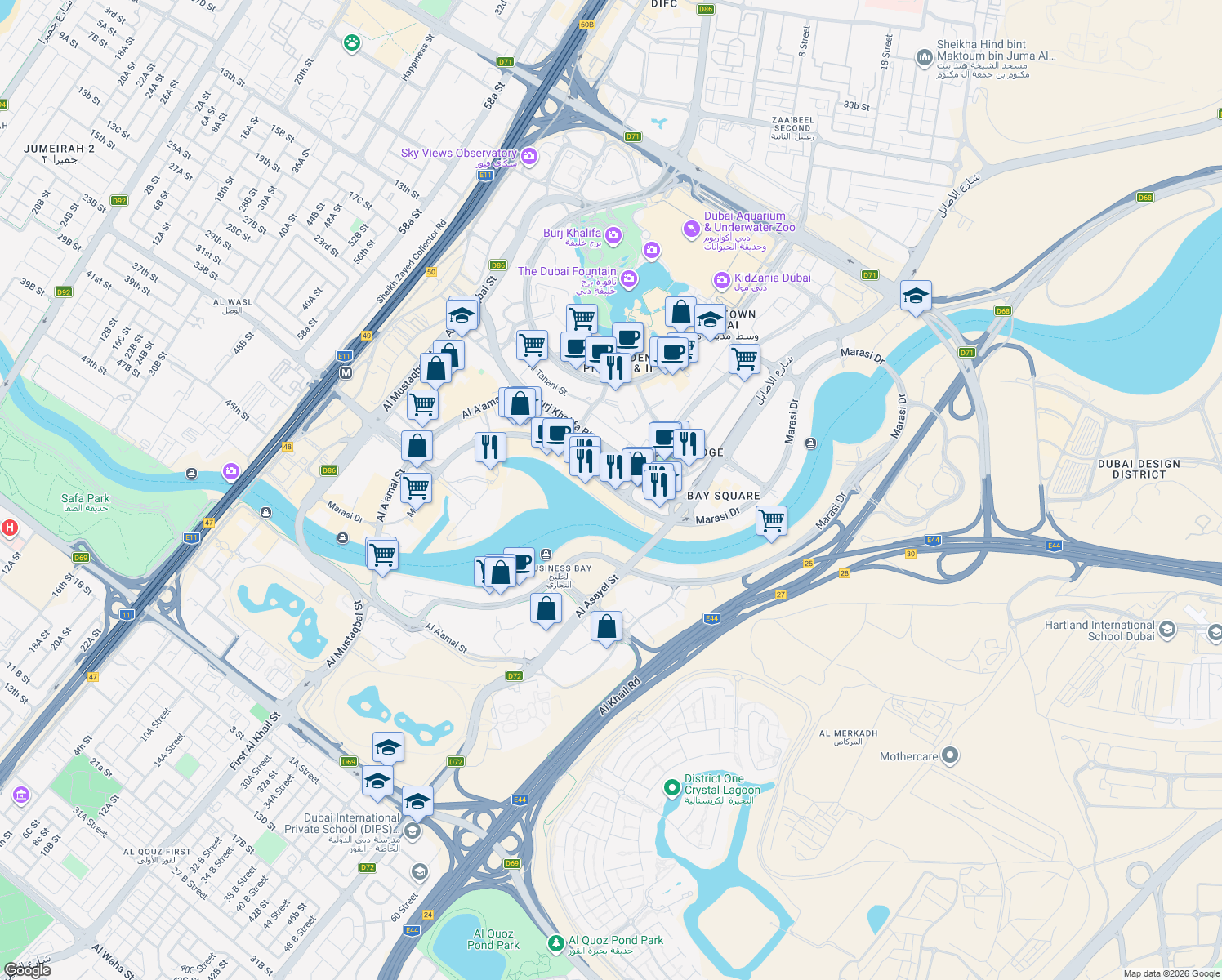 map of restaurants, bars, coffee shops, grocery stores, and more near Marasi Drive in Dubai