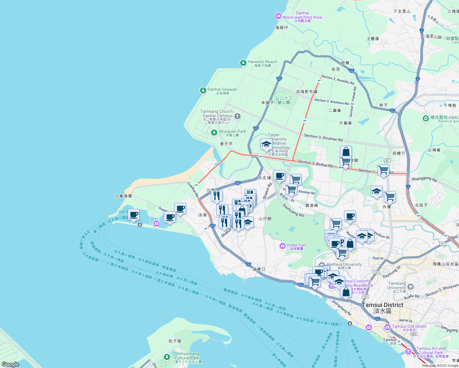 map of restaurants, bars, coffee shops, grocery stores, and more near 143 Section 2, Zhongzheng Road in Tamsui District