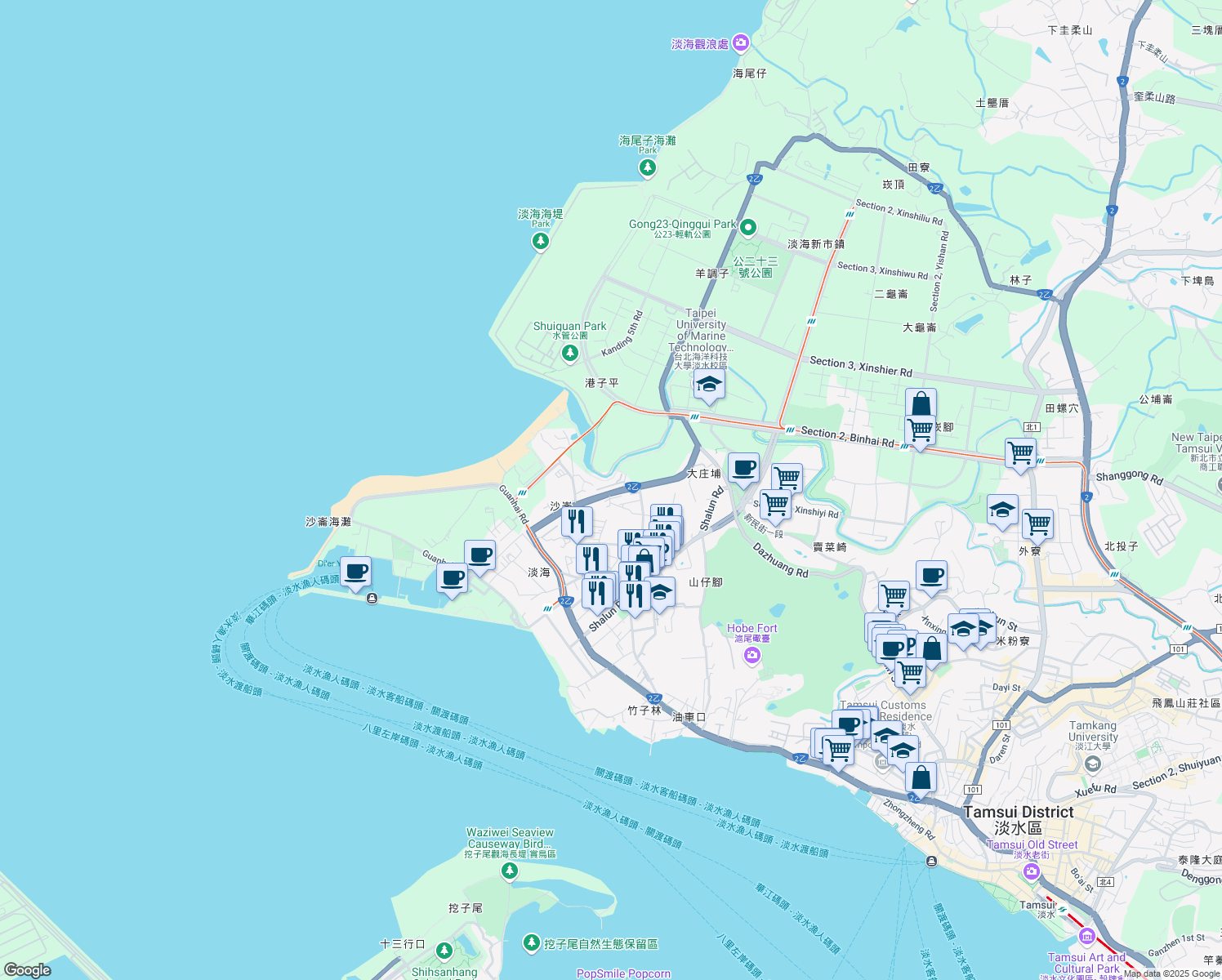 map of restaurants, bars, coffee shops, grocery stores, and more near 143 Section 2, Zhongzheng Road in Tamsui District