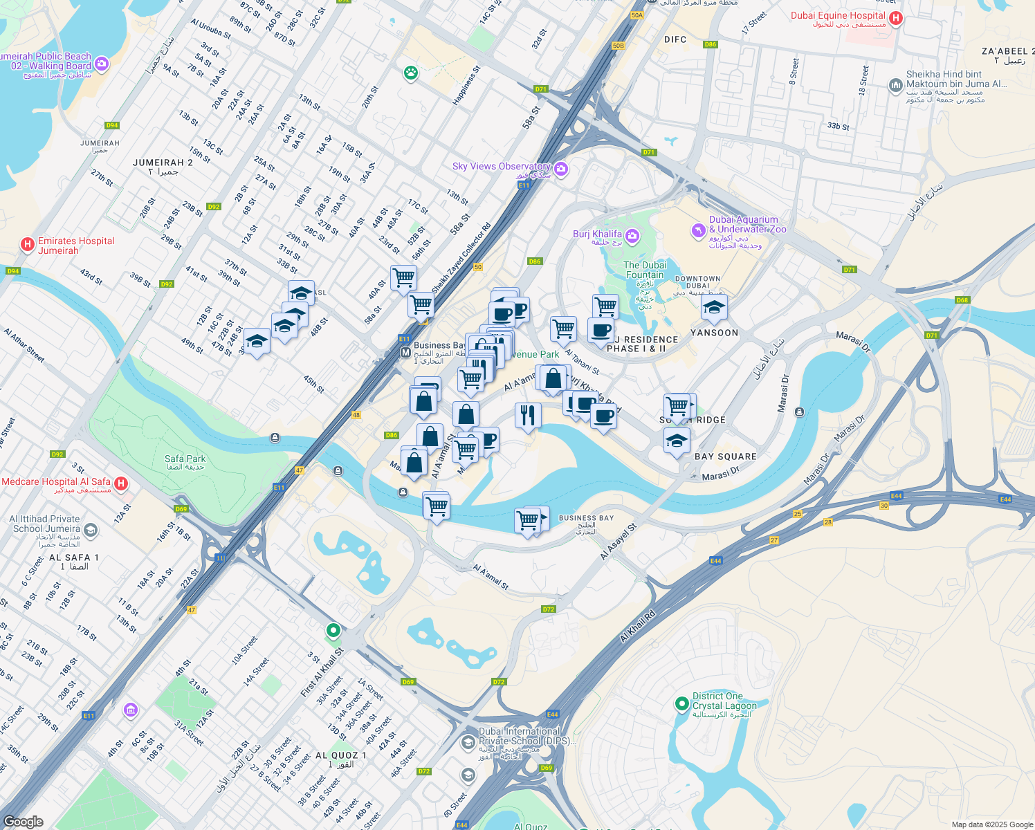 map of restaurants, bars, coffee shops, grocery stores, and more near Marasi Drive in Dubai