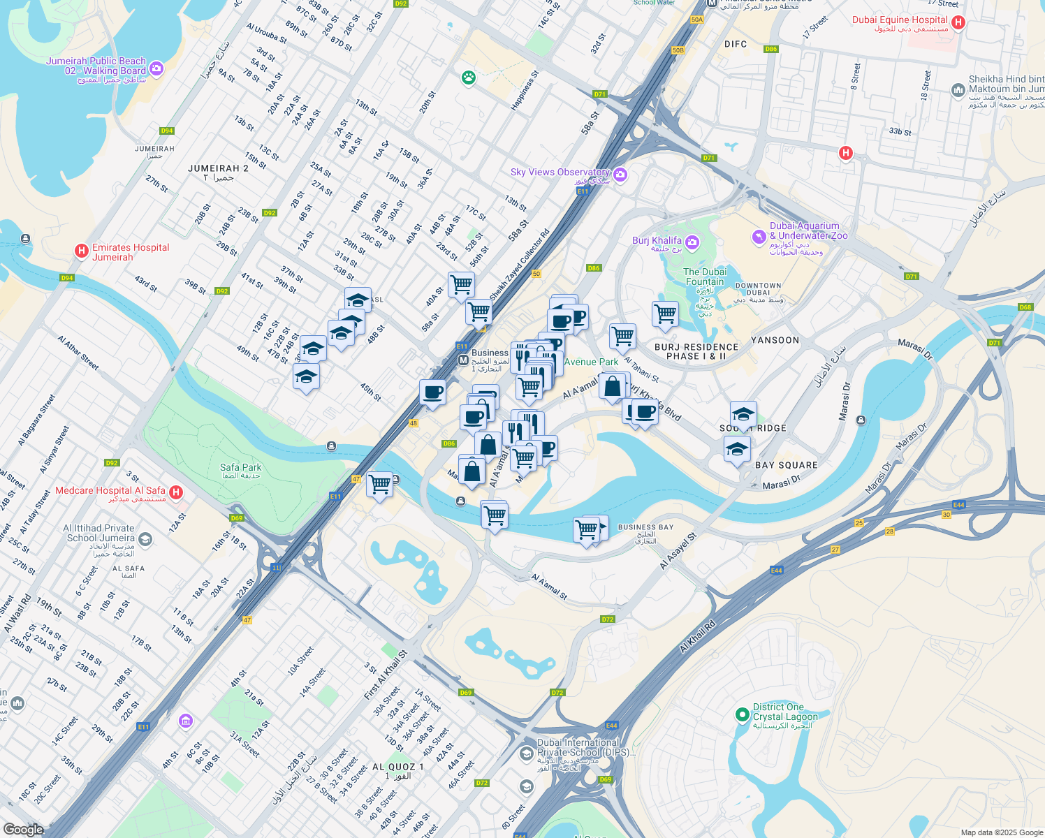 map of restaurants, bars, coffee shops, grocery stores, and more near Al Khaleej Al Tejari 1 Street in Dubai