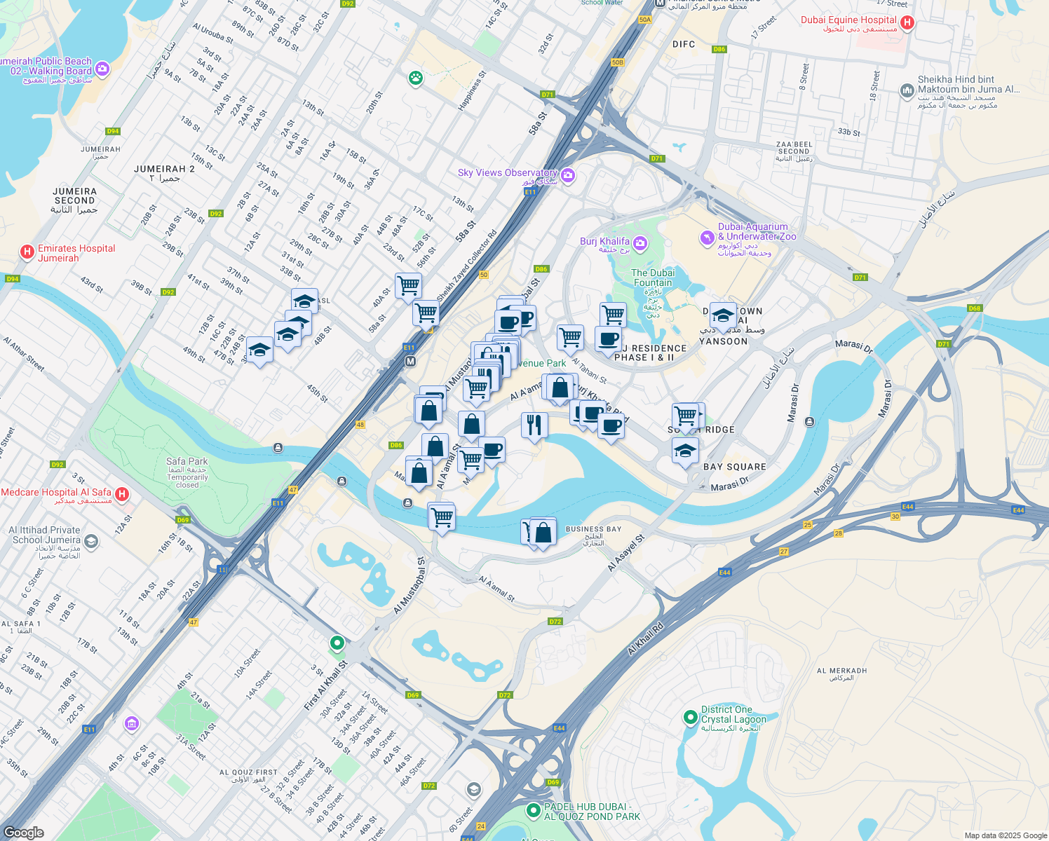 map of restaurants, bars, coffee shops, grocery stores, and more near Marasi Drive in Dubai