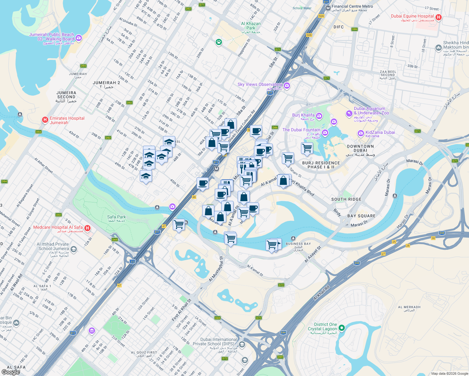 map of restaurants, bars, coffee shops, grocery stores, and more near Al Mustaqbal Street in Dubai