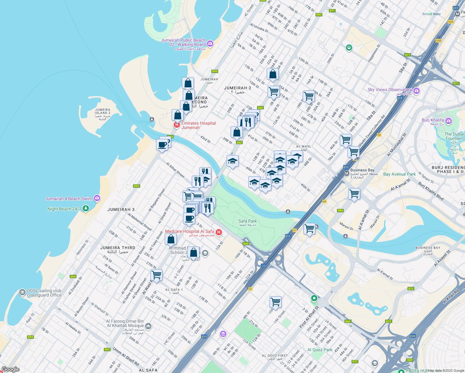 map of restaurants, bars, coffee shops, grocery stores, and more near 55th Street in Dubai