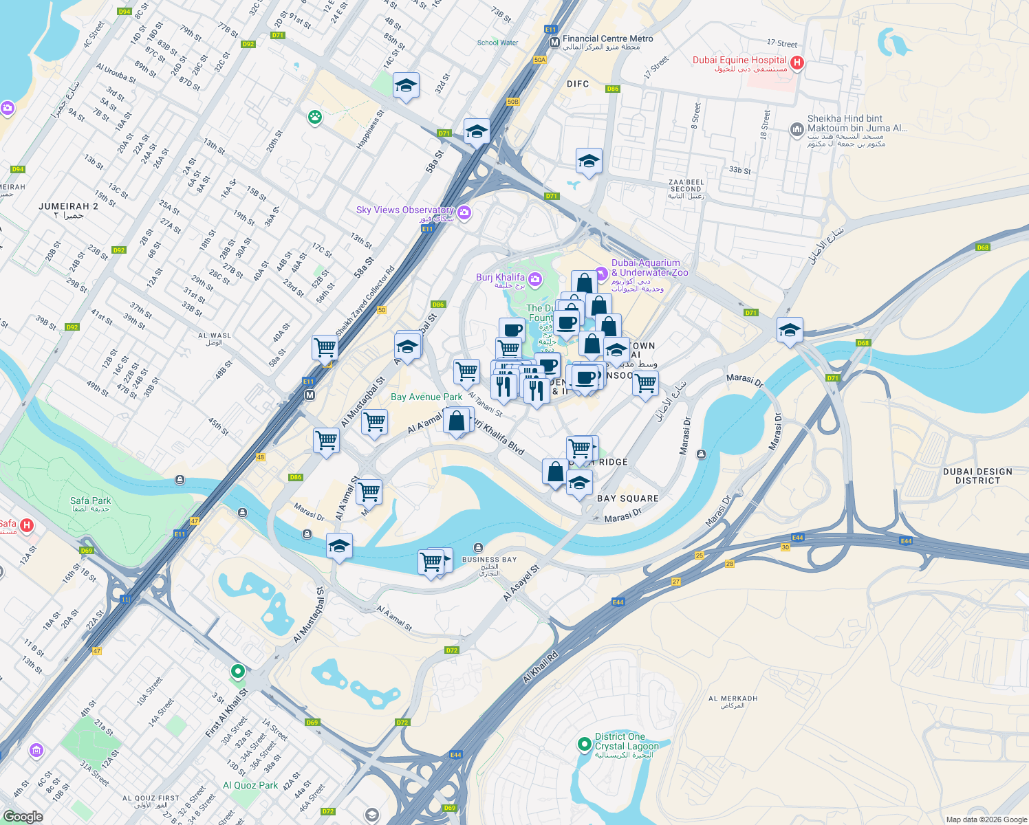 map of restaurants, bars, coffee shops, grocery stores, and more near Emaar Boulevard in Dubai