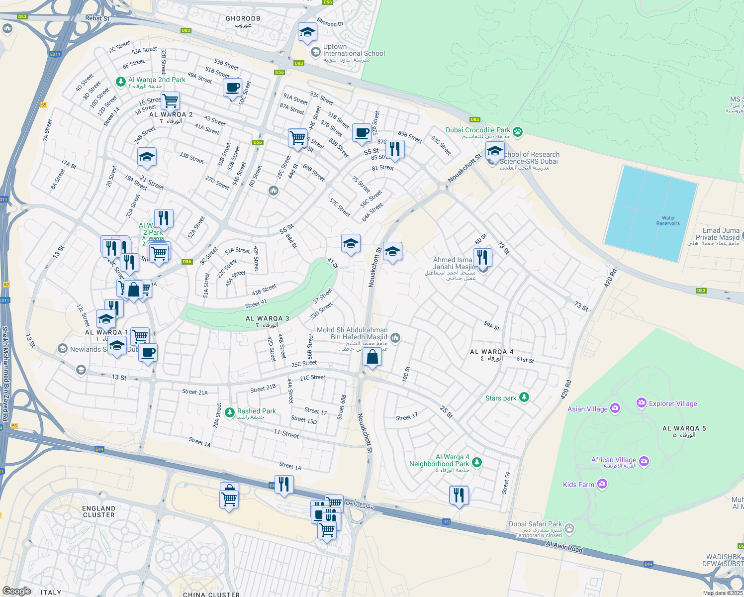 map of restaurants, bars, coffee shops, grocery stores, and more near Nouakchott Street in Dubai