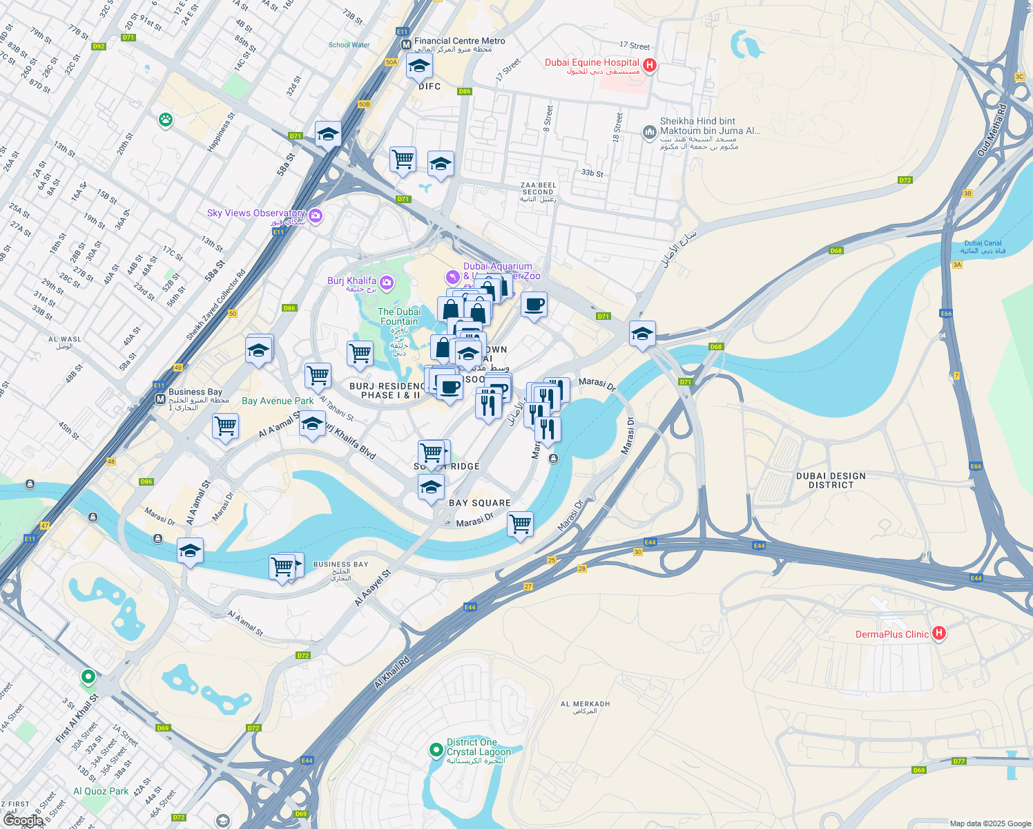 map of restaurants, bars, coffee shops, grocery stores, and more near Al Asayel Street in Dubai