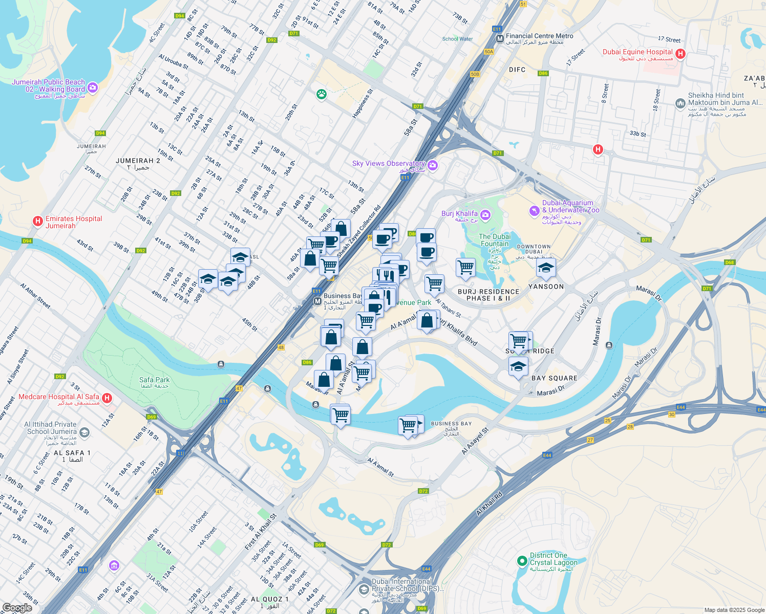 map of restaurants, bars, coffee shops, grocery stores, and more near in Dubai