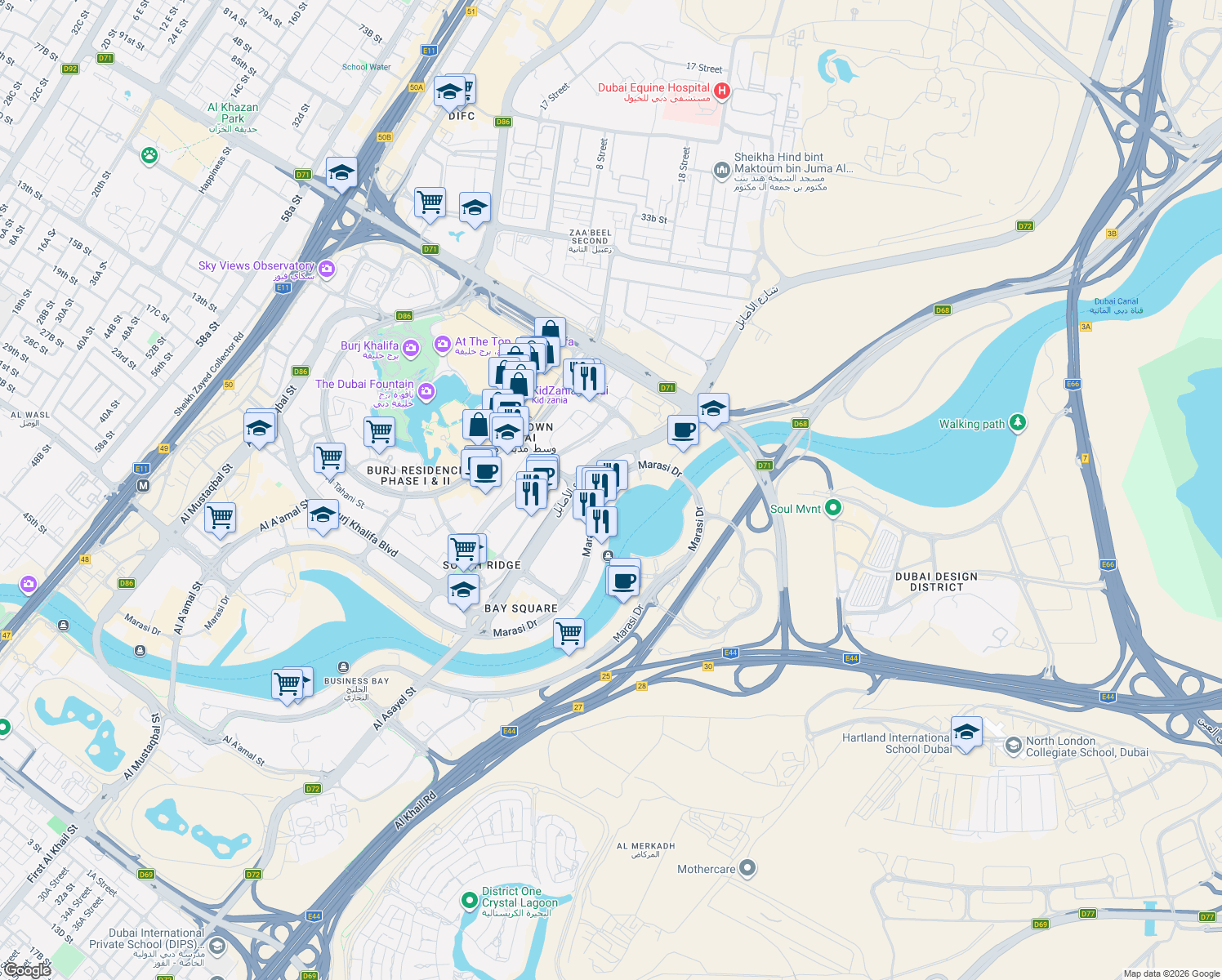 map of restaurants, bars, coffee shops, grocery stores, and more near Marasi Drive in Dubai