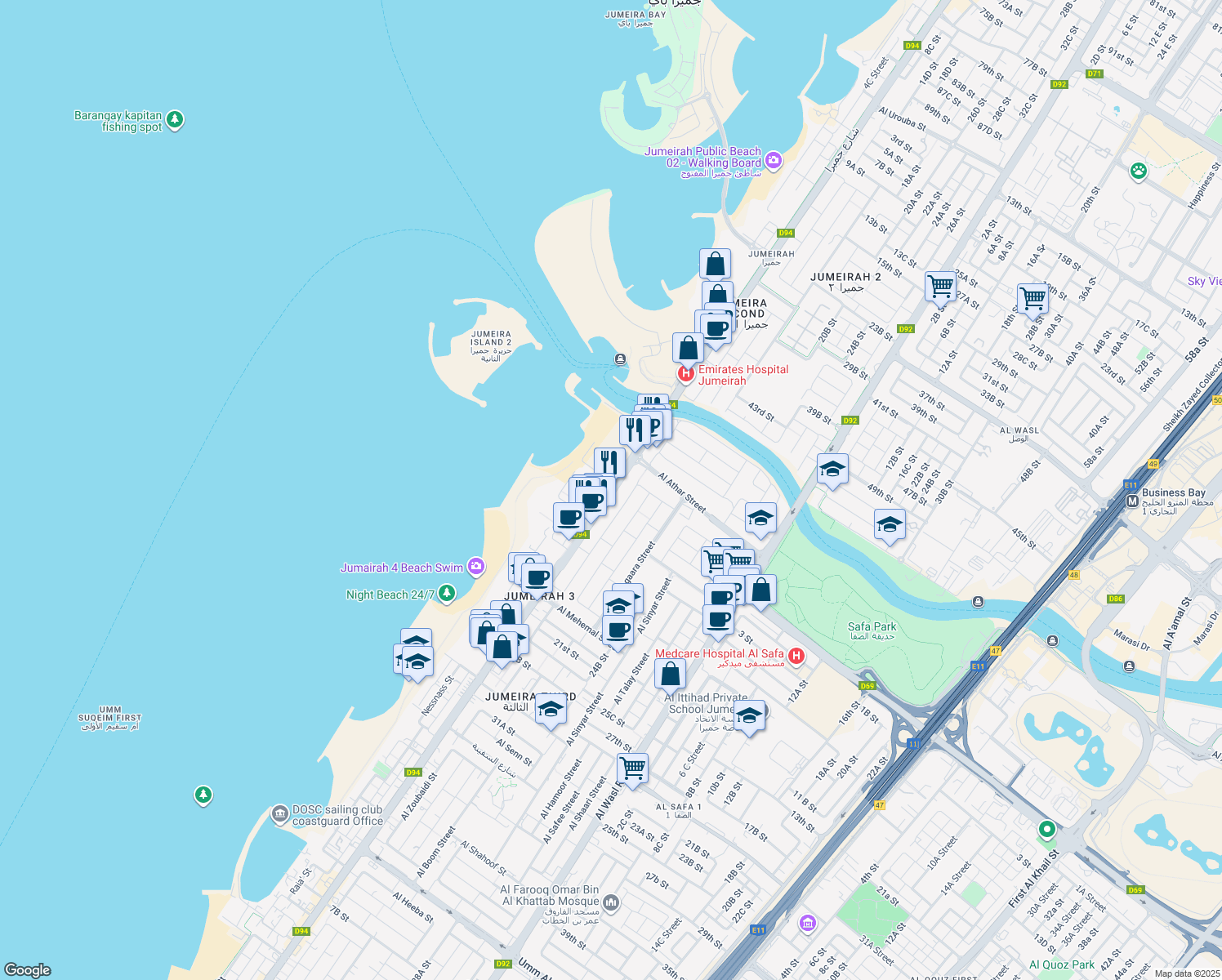 map of restaurants, bars, coffee shops, grocery stores, and more near Jumeirah Street in Dubai
