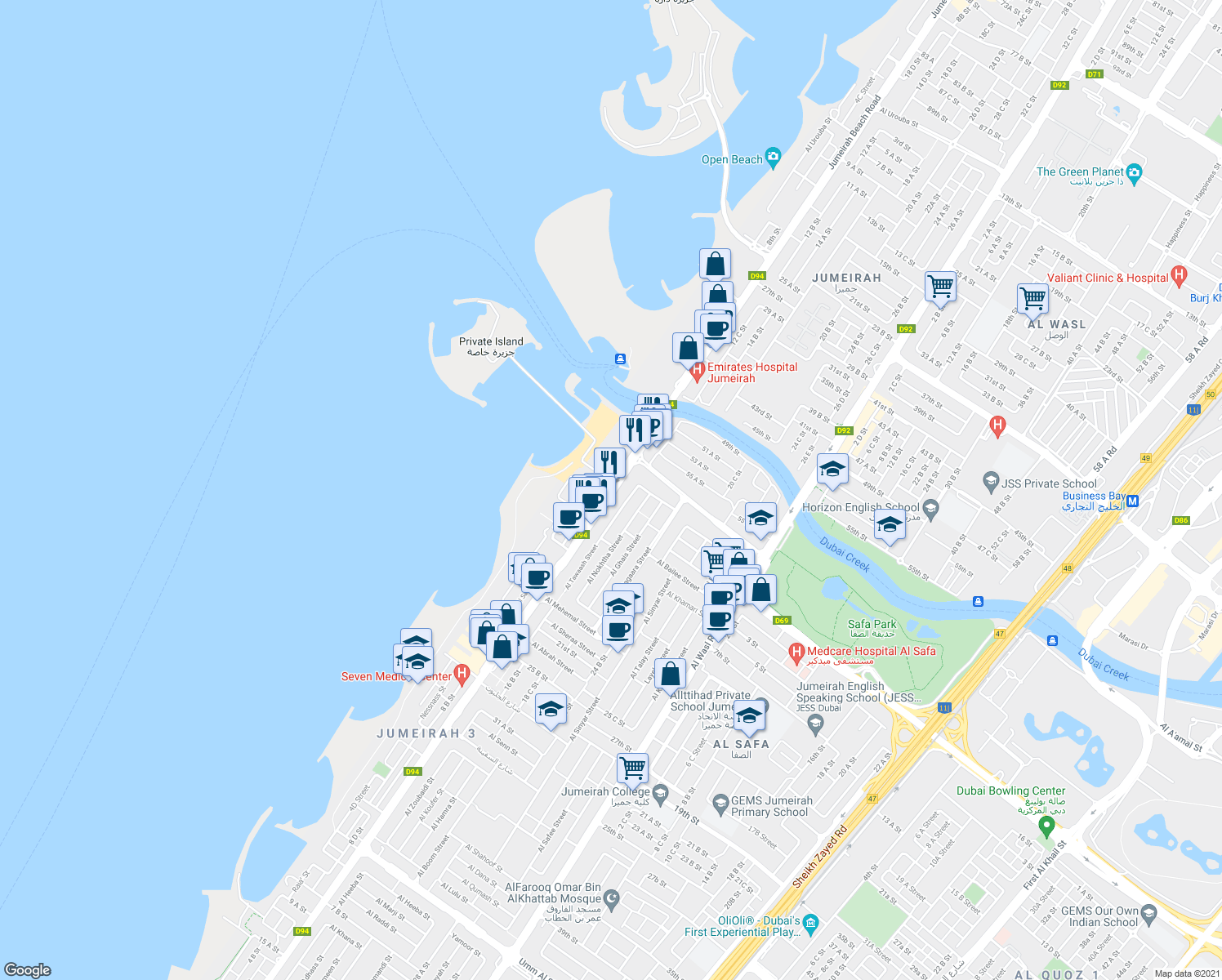 map of restaurants, bars, coffee shops, grocery stores, and more near Jumeirah Road in Dubai