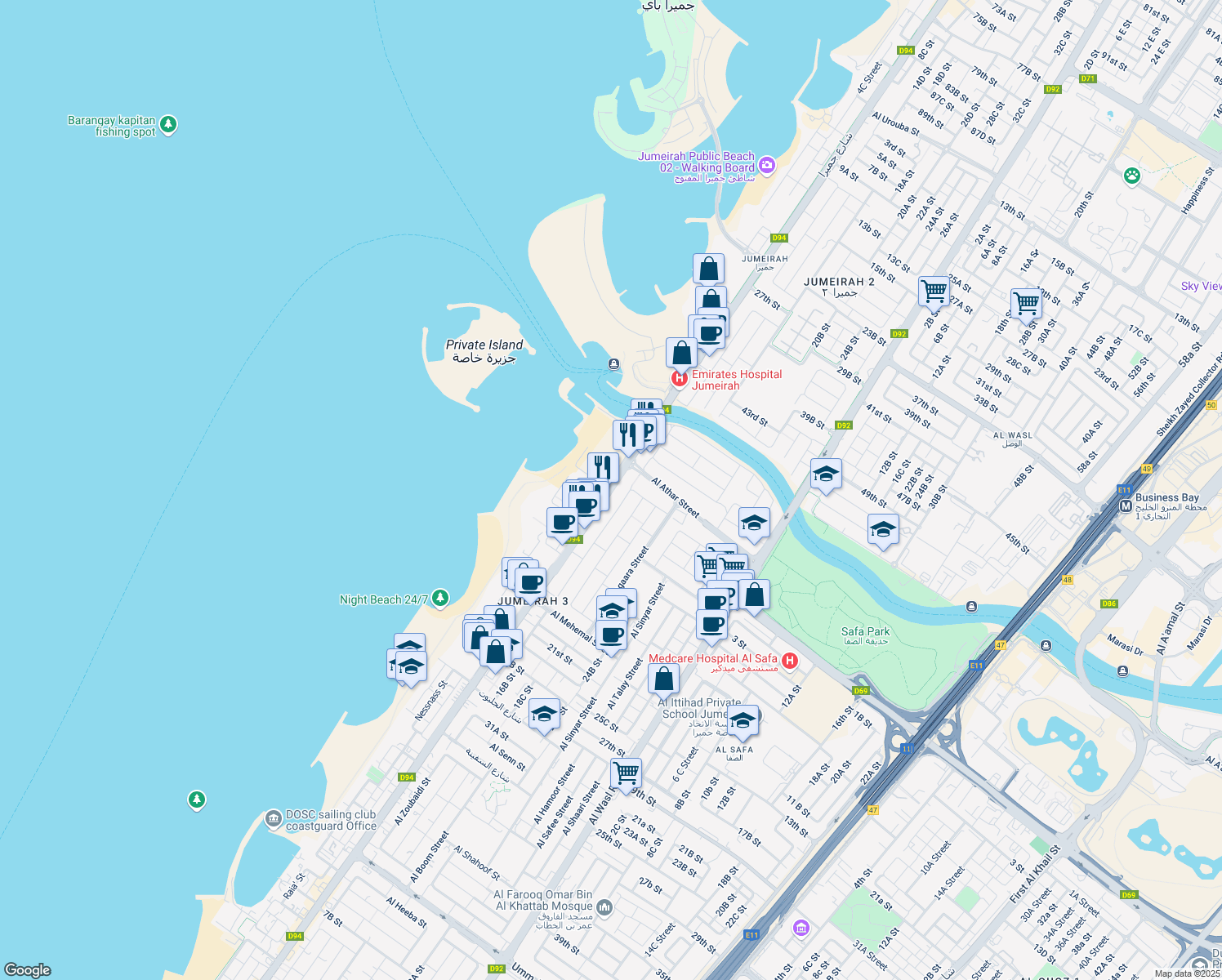map of restaurants, bars, coffee shops, grocery stores, and more near Jumeirah Beach Road in Dubai