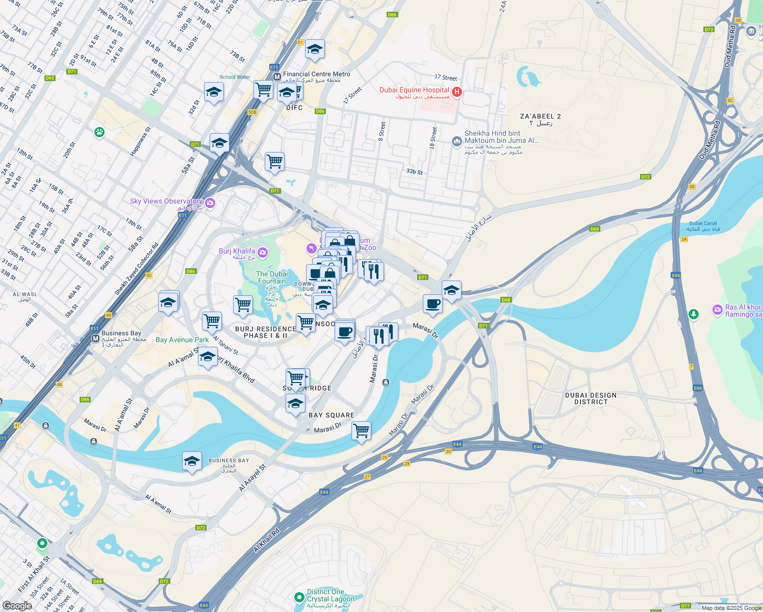 map of restaurants, bars, coffee shops, grocery stores, and more near Al Asayel Street in Dubai
