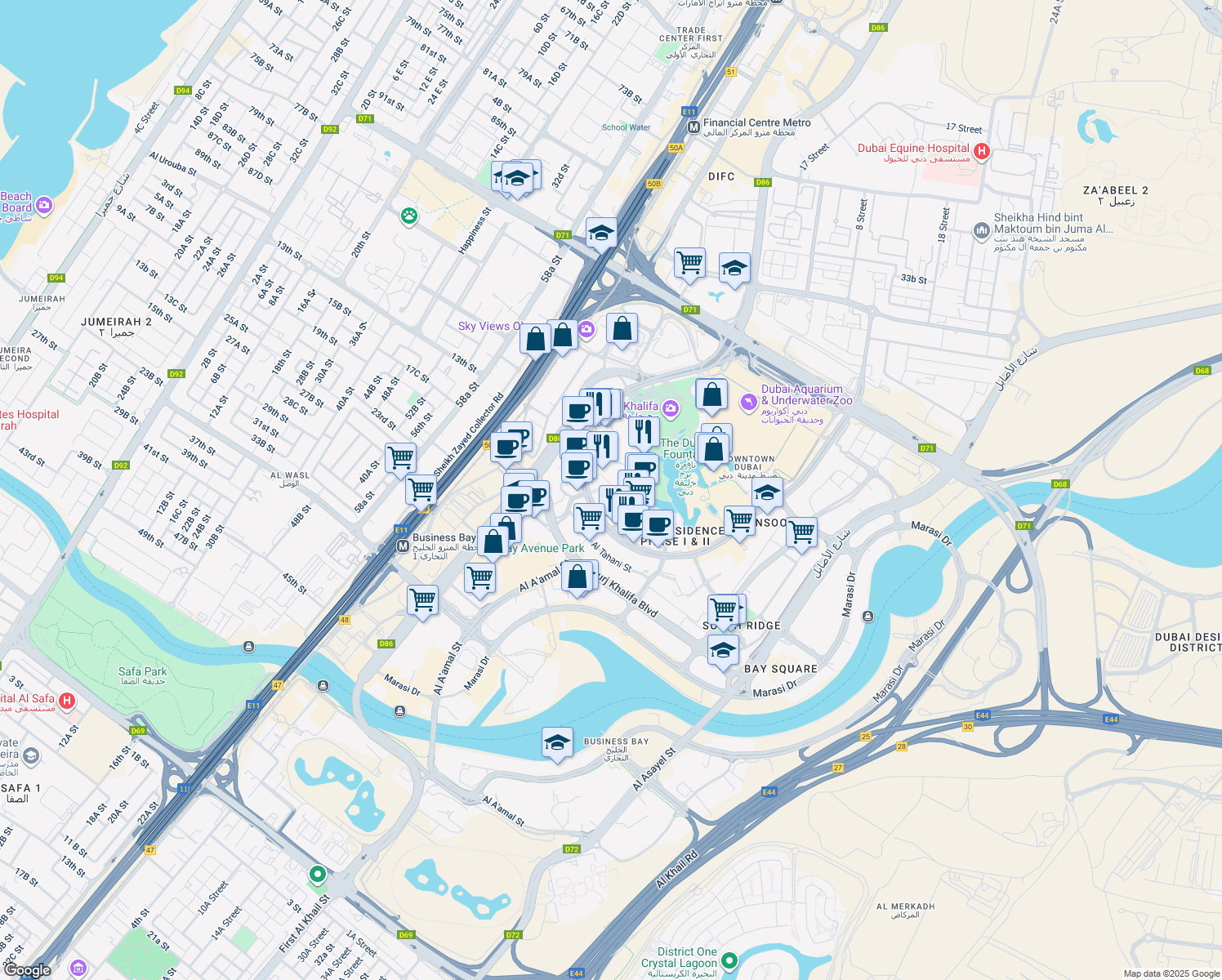 map of restaurants, bars, coffee shops, grocery stores, and more near in Dubai