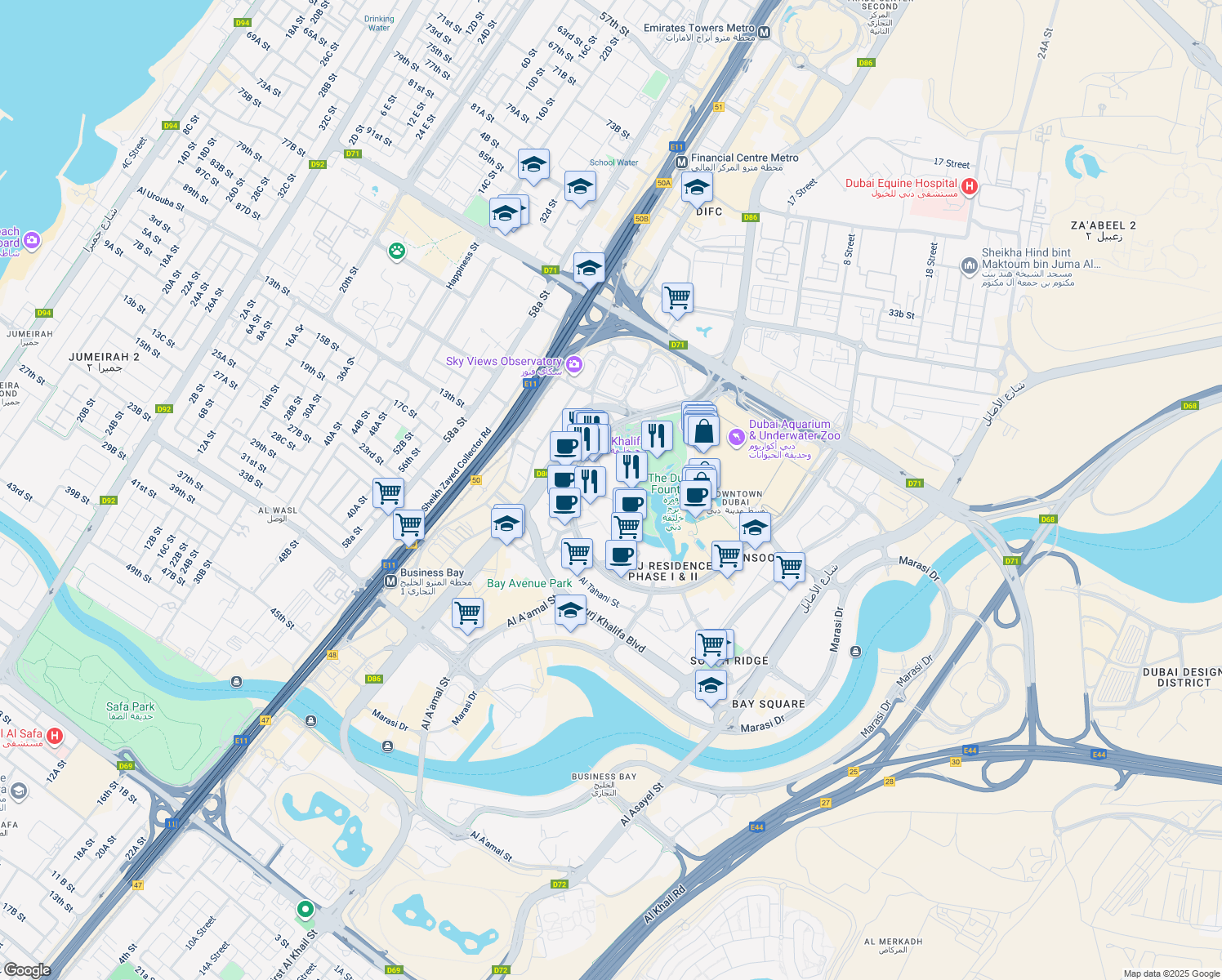 map of restaurants, bars, coffee shops, grocery stores, and more near 21 Sheikh Mohammed bin Rashid Boulevard in Dubai