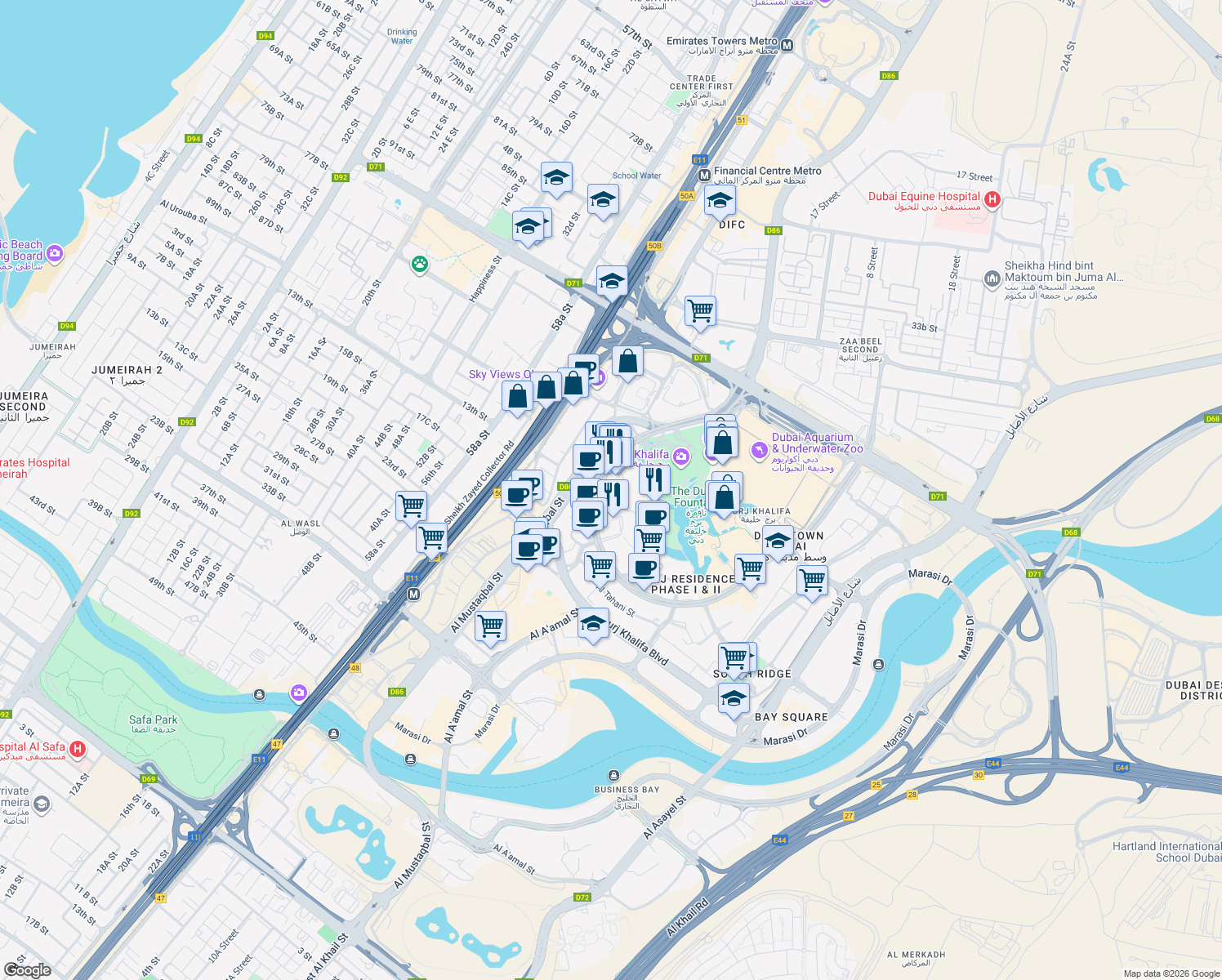 map of restaurants, bars, coffee shops, grocery stores, and more near Sheikh Mohammed bin Rashid Boulevard in Dubai