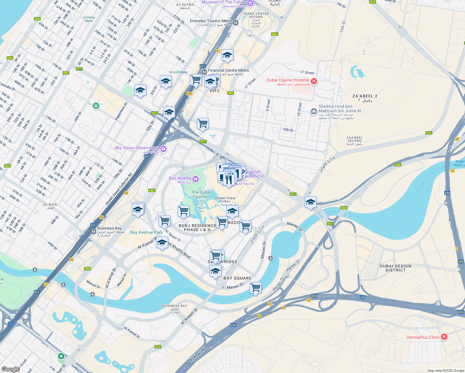map of restaurants, bars, coffee shops, grocery stores, and more near Financial Center Road in Dubai