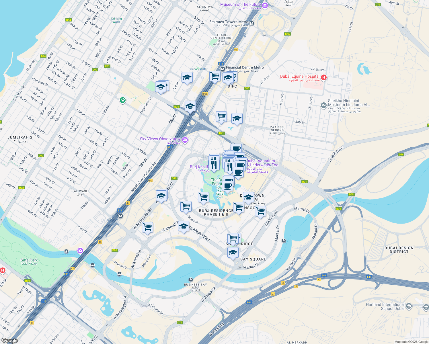 map of restaurants, bars, coffee shops, grocery stores, and more near 1 Sheikh Mohammed bin Rashid Boulevard in Dubai