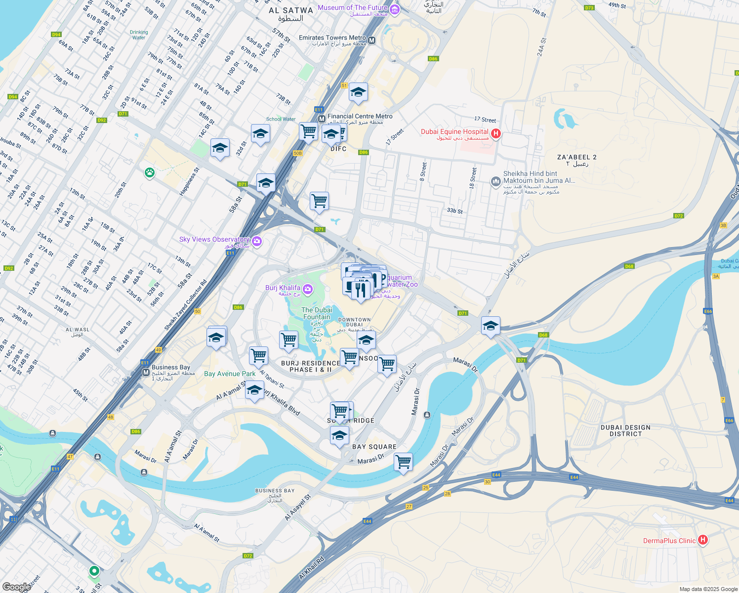 map of restaurants, bars, coffee shops, grocery stores, and more near in Dubai