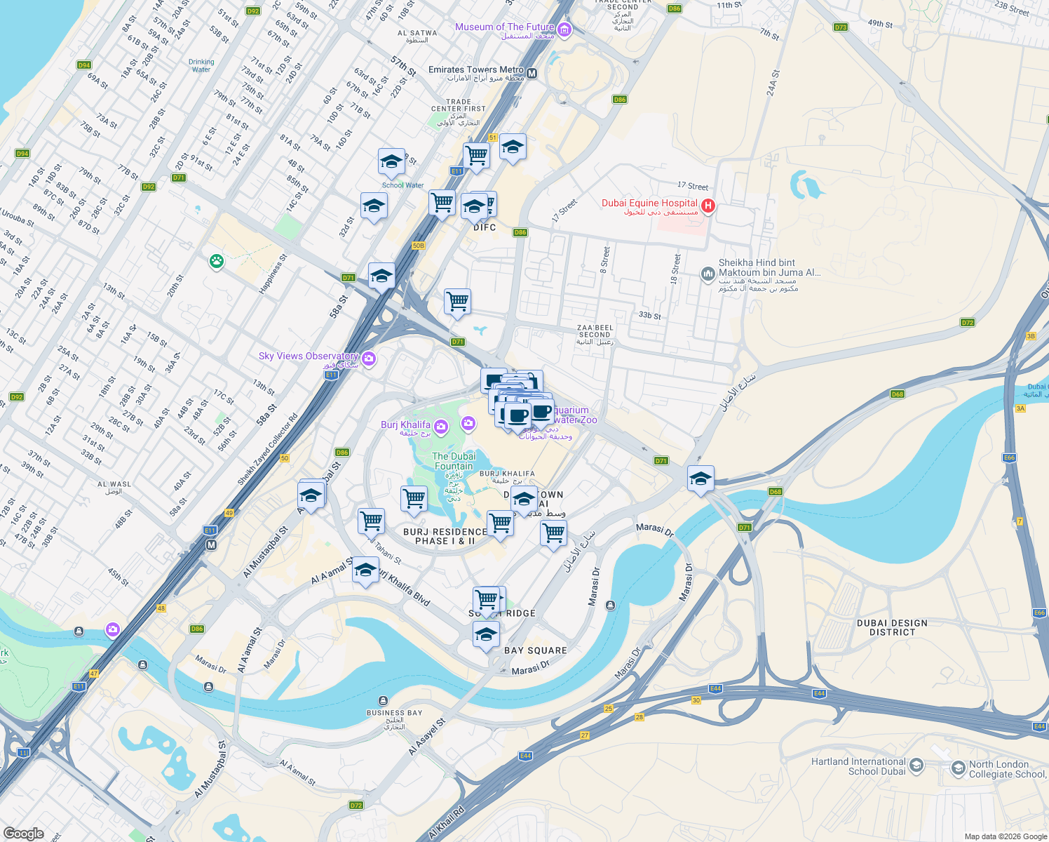 map of restaurants, bars, coffee shops, grocery stores, and more near Financial Center Road in Dubai