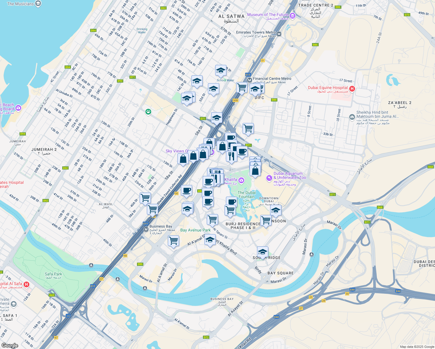 map of restaurants, bars, coffee shops, grocery stores, and more near 1 بوليفارد الشيخ محمد بن راشد in دبي