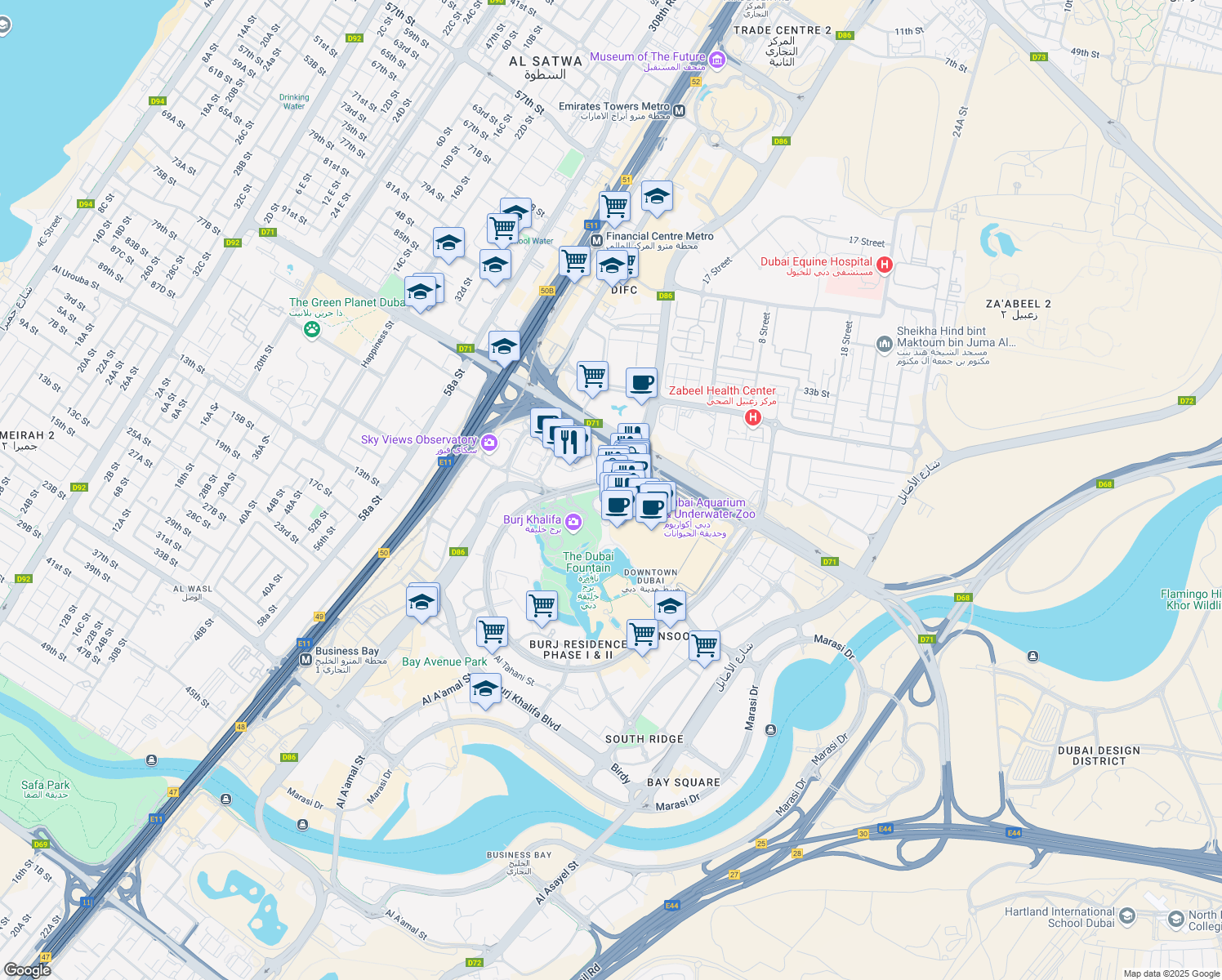 map of restaurants, bars, coffee shops, grocery stores, and more near Financial Center Road in Dubai